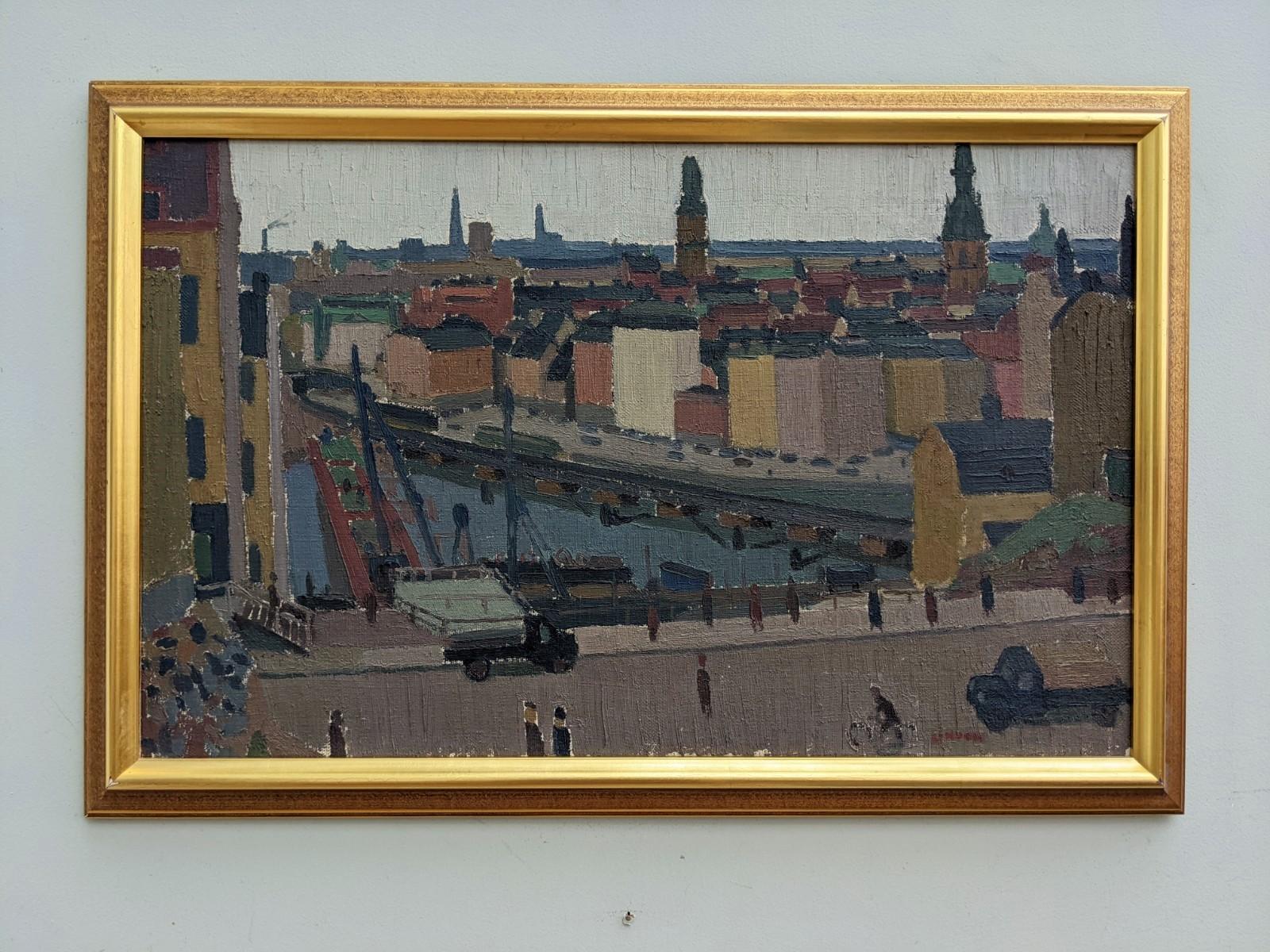 Unknown Landscape Painting - Mid-Century Modern Swedish "City View" Vintage Cityscape Oil Painting, Stockholm