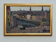 Mid-Century Modern Swedish "City View" Vintage Cityscape Oil Painting, Stockholm