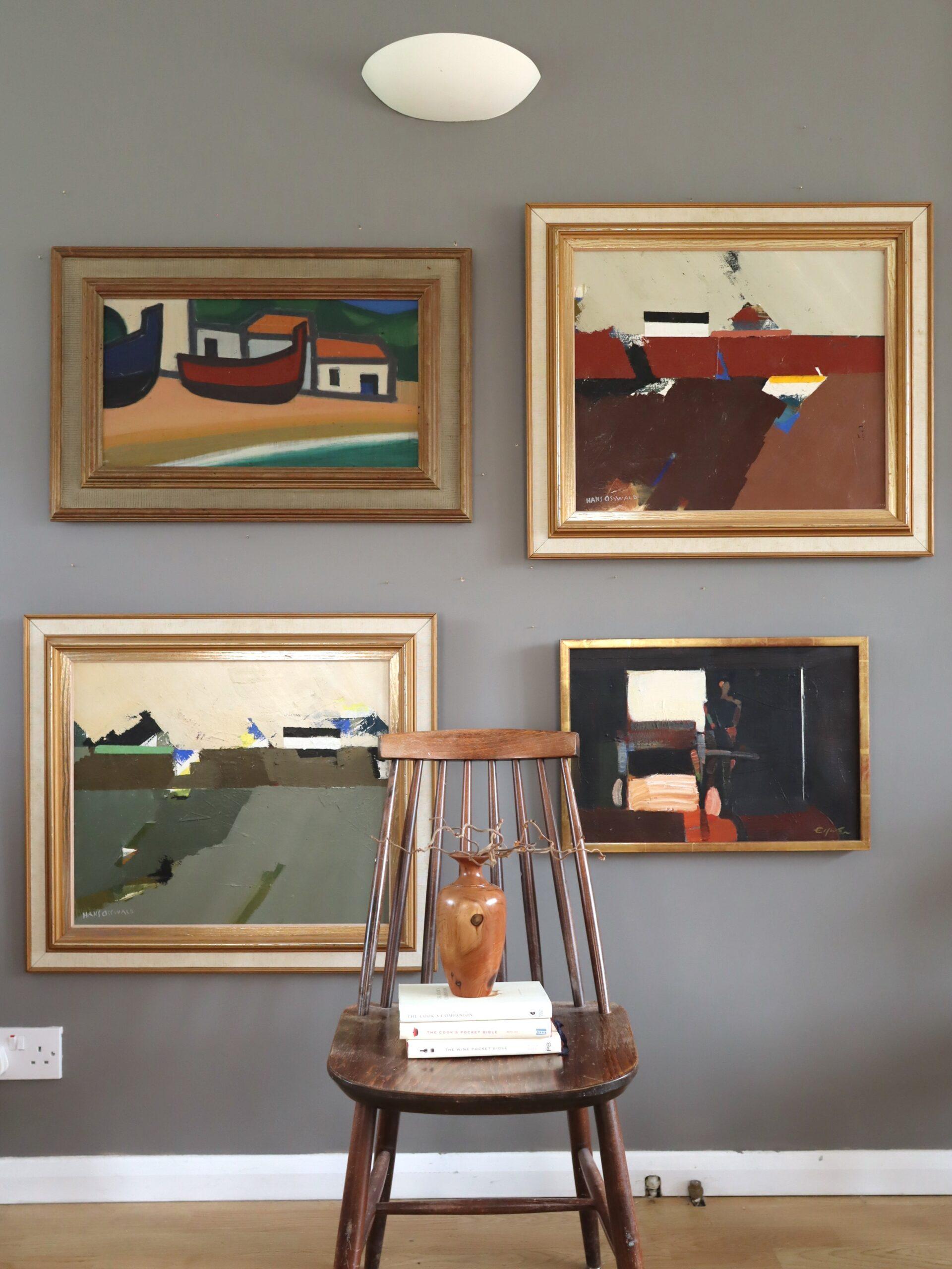 Mid Century Modern Swedish Coastal Landscape Oil Painting - Boats at Rest For Sale 9