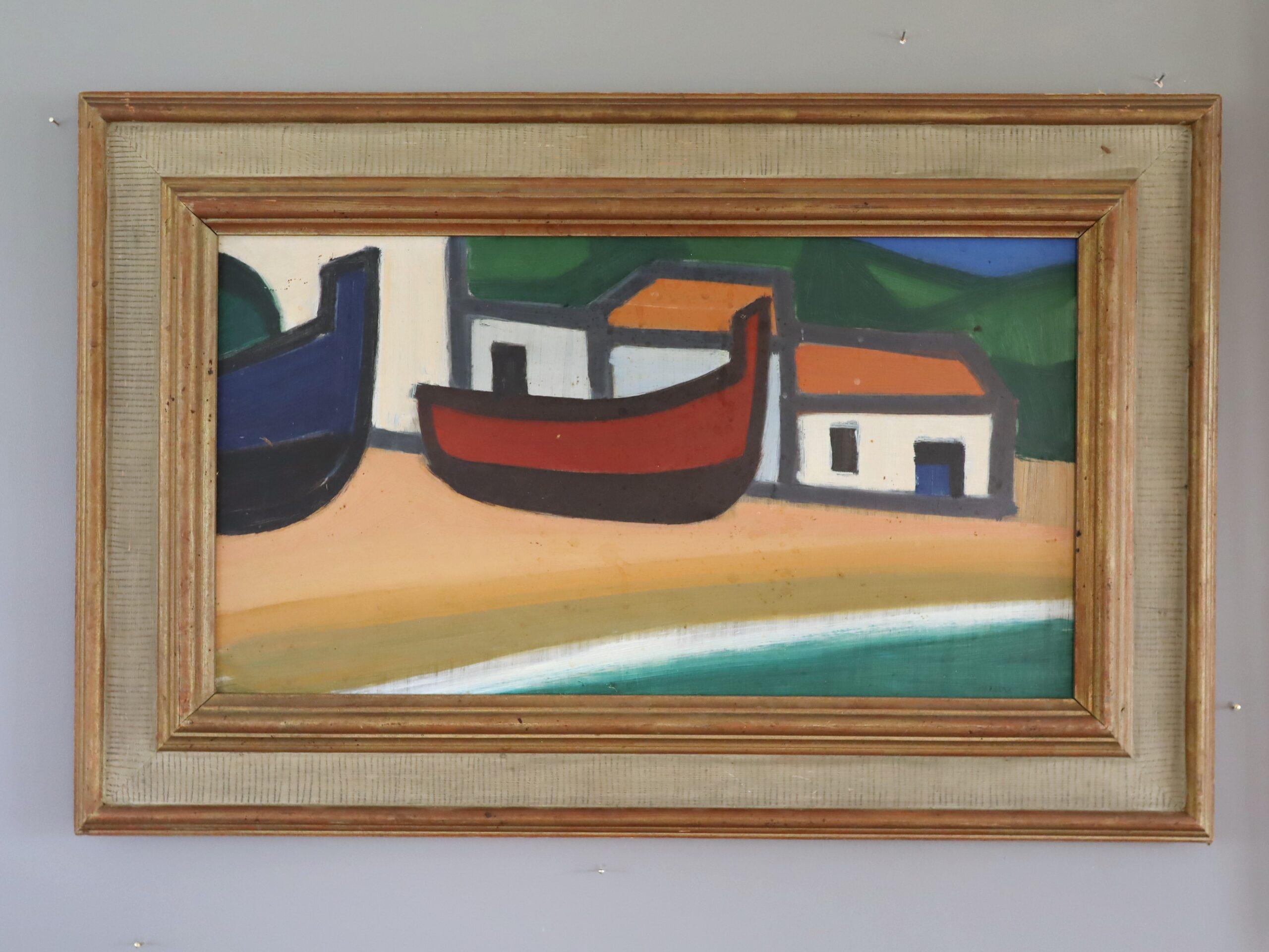Mid Century Modern Swedish Coastal Landscape Oil Painting - Boats at Rest - Brown Landscape Painting by Unknown