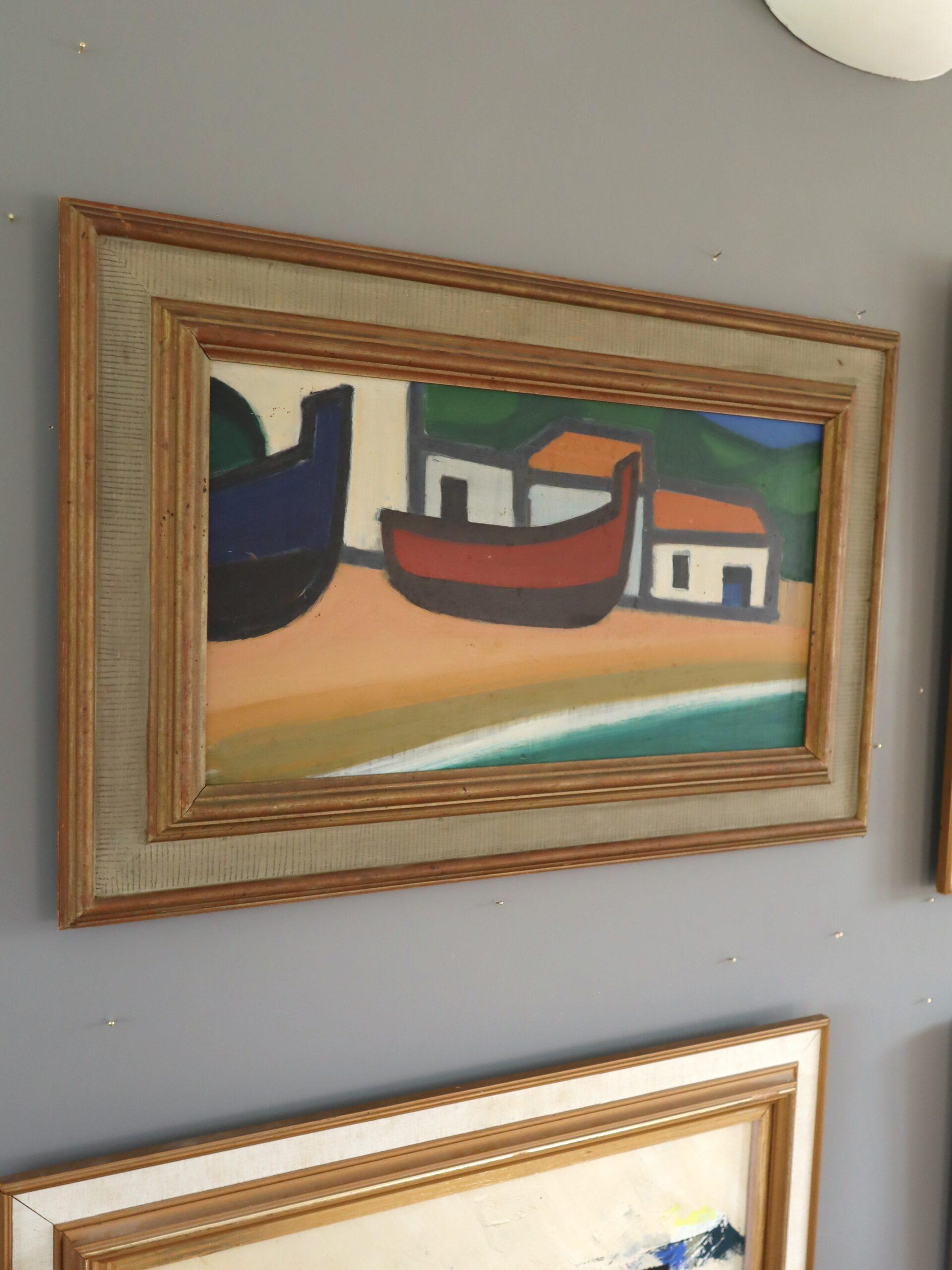 Mid Century Modern Swedish Coastal Landscape Oil Painting - Boats at Rest For Sale 1