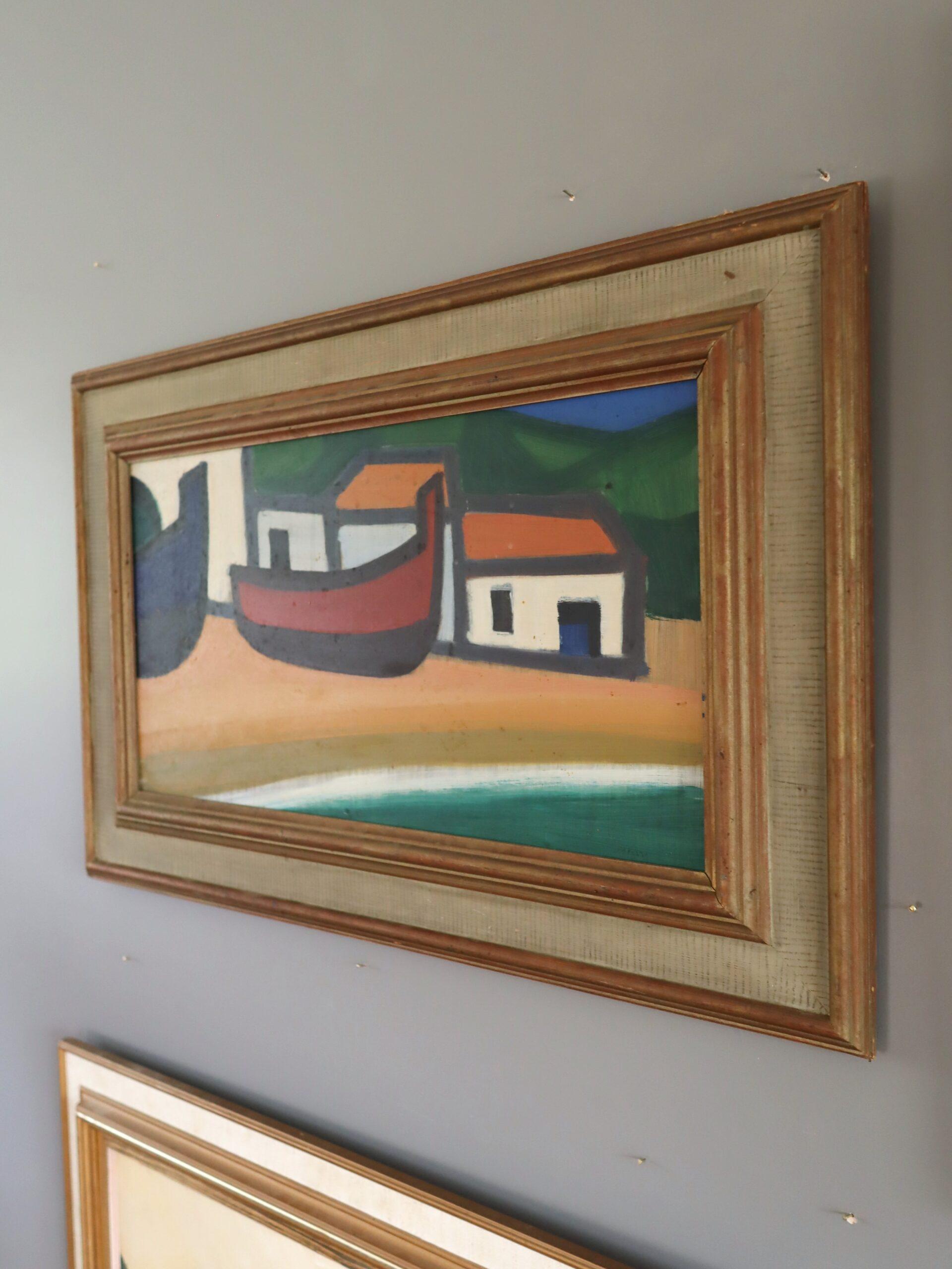 Mid Century Modern Swedish Coastal Landscape Oil Painting - Boats at Rest For Sale 2