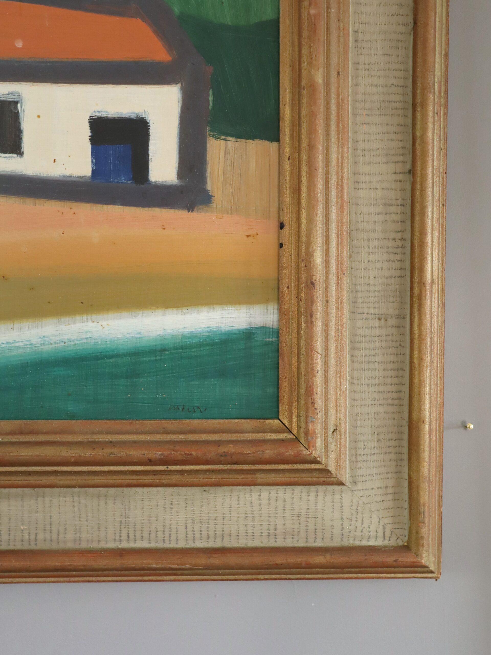 Mid Century Modern Swedish Coastal Landscape Oil Painting - Boats at Rest For Sale 4