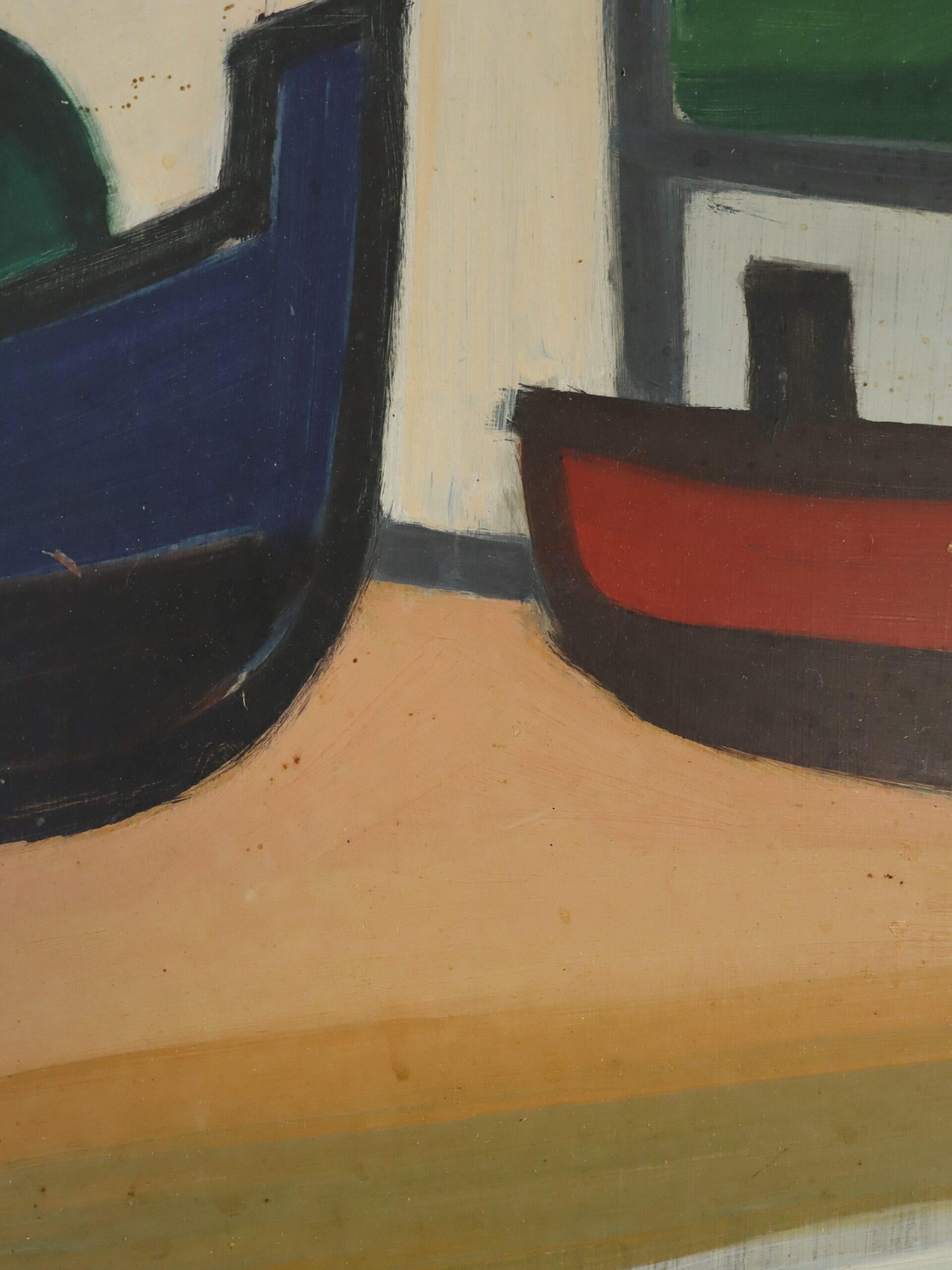 Mid Century Modern Swedish Coastal Landscape Oil Painting - Boats at Rest For Sale 5