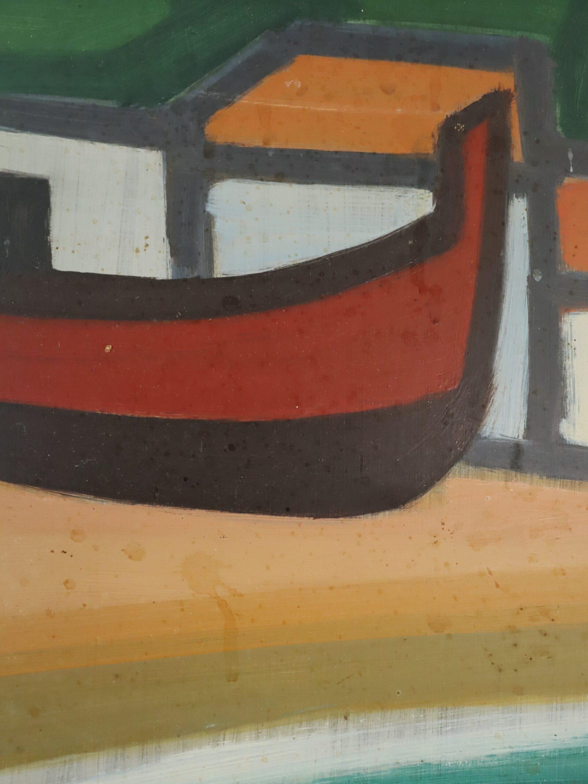 Mid Century Modern Swedish Coastal Landscape Oil Painting - Boats at Rest For Sale 6