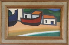 Mid Century Modern Swedish Coastal Landscape Oil Painting - Boats at Rest