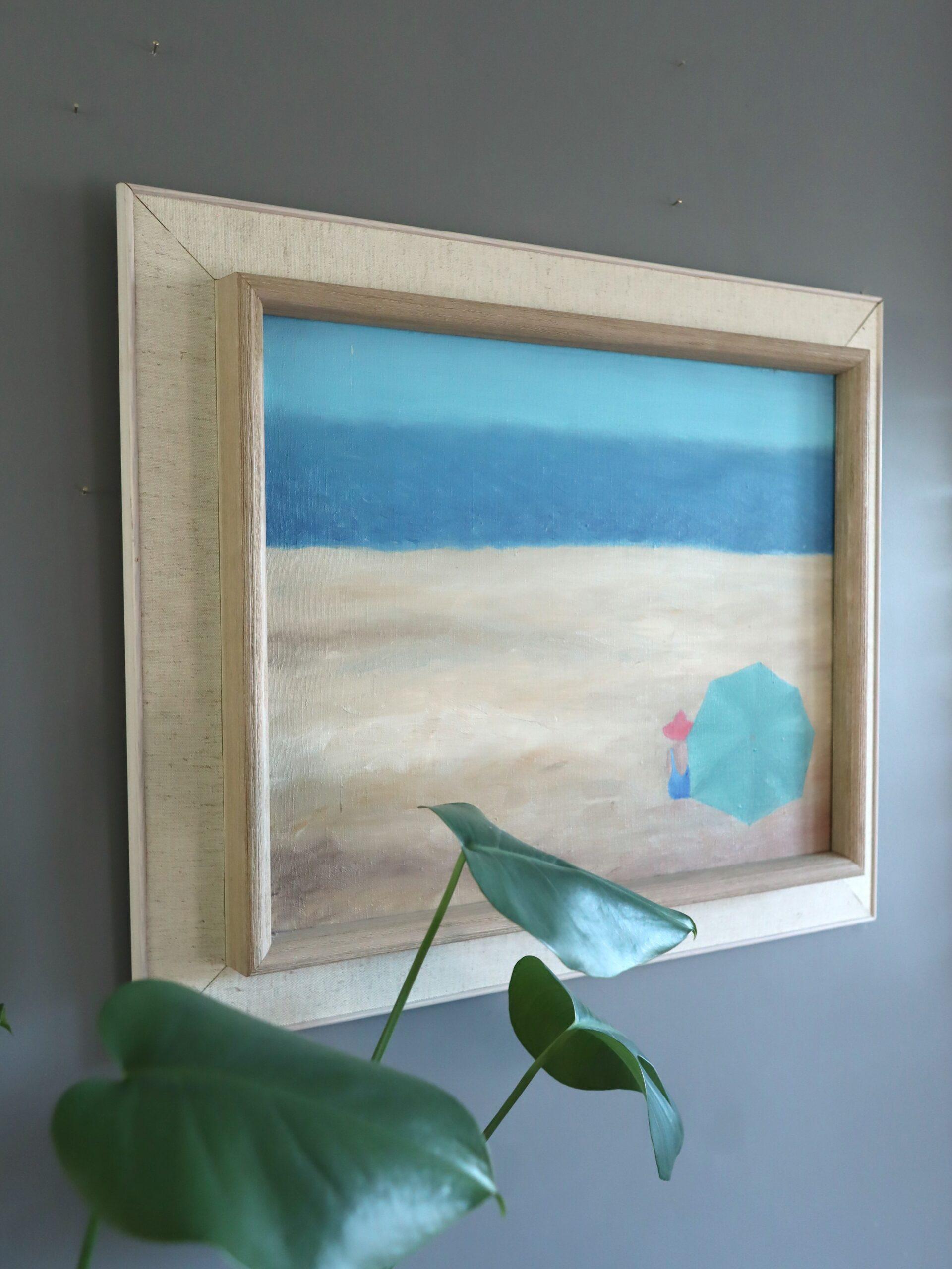 Mid Century Modern Schwedische Küstenlandschaft Ölgemälde - Am blauen Horizont (Grau), Landscape Painting, von Unknown