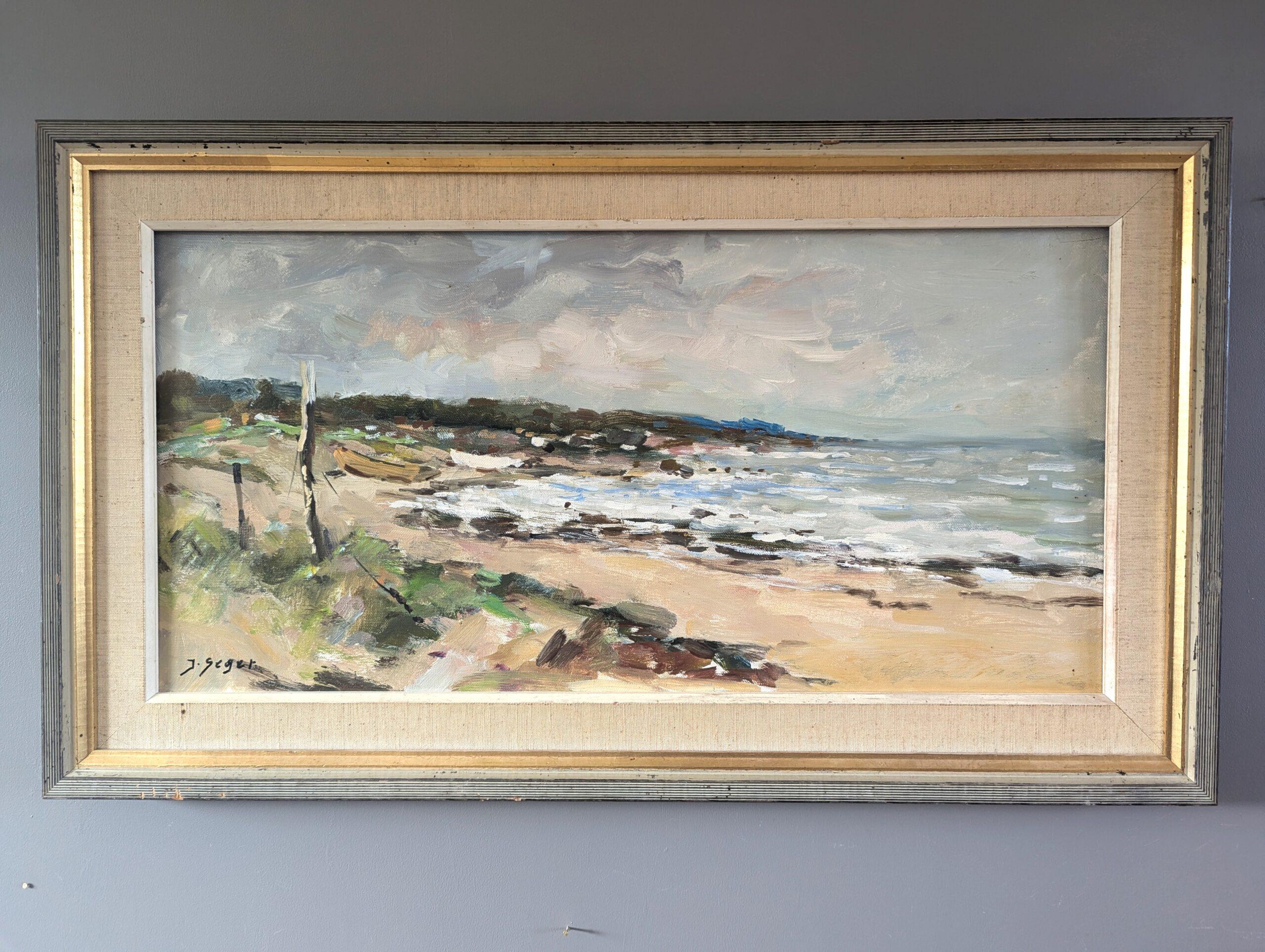 Mid Century Modern Swedish Coastal Landscape Oil Painting - Quiet Coastline - Brown Landscape Painting by Unknown