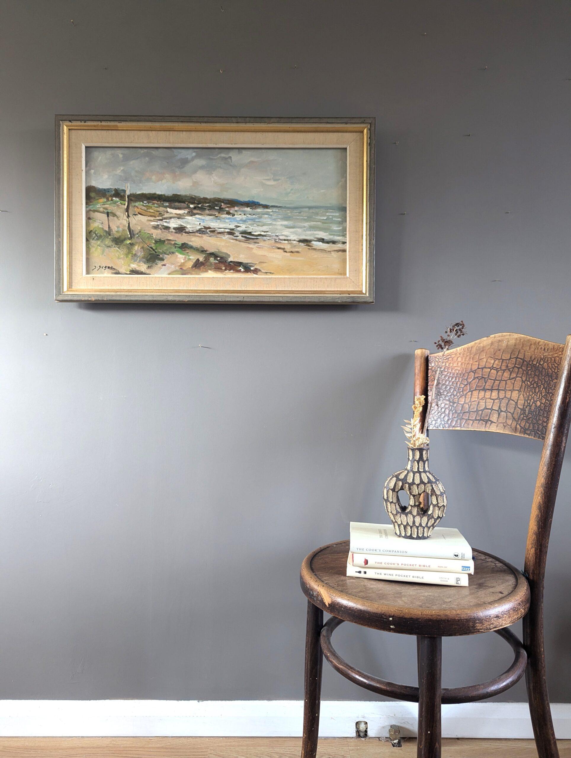 QUIET COASTLINE
Size: 41.5 x 71 cm (including frame)
Oil on canvas

A calm and serene mid-century coastal landscape composition that captures a quiet coastline, executed in oil onto canvas.

The work leans towards an impressionistic style, focusing