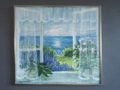 Mid Century Modern Swedish Coastal Landscape Oil Painting - The Open Window