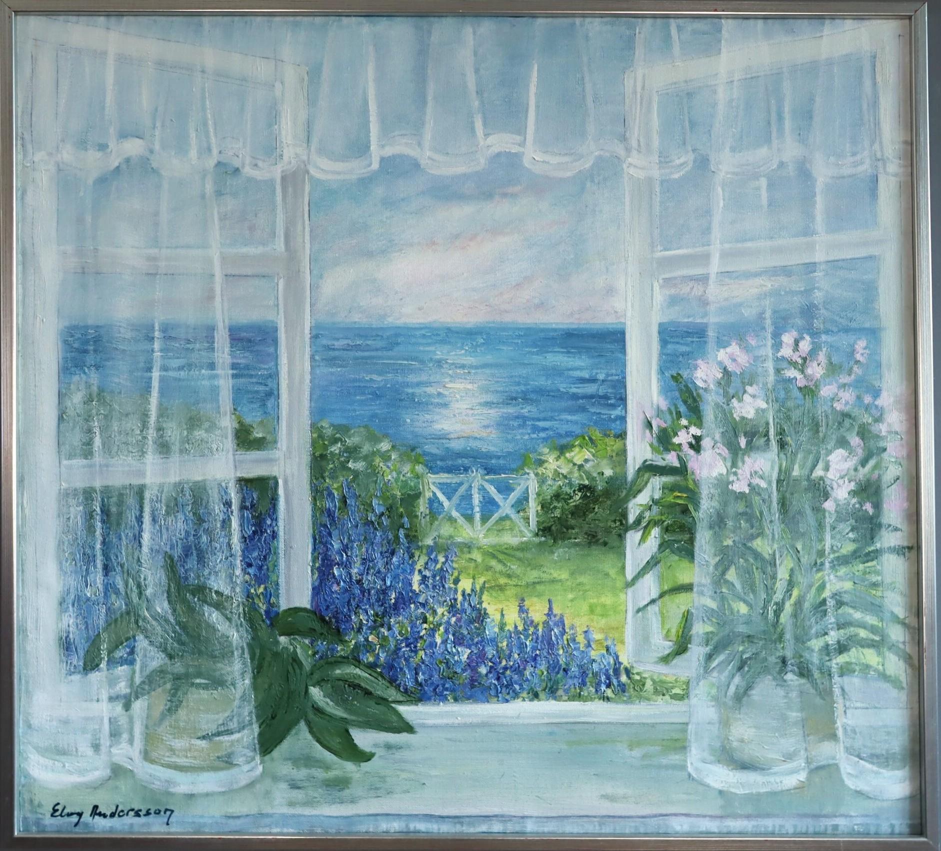 Unknown Interior Painting - Mid Century Modern Swedish Coastal Landscape Oil Painting - The Open Window