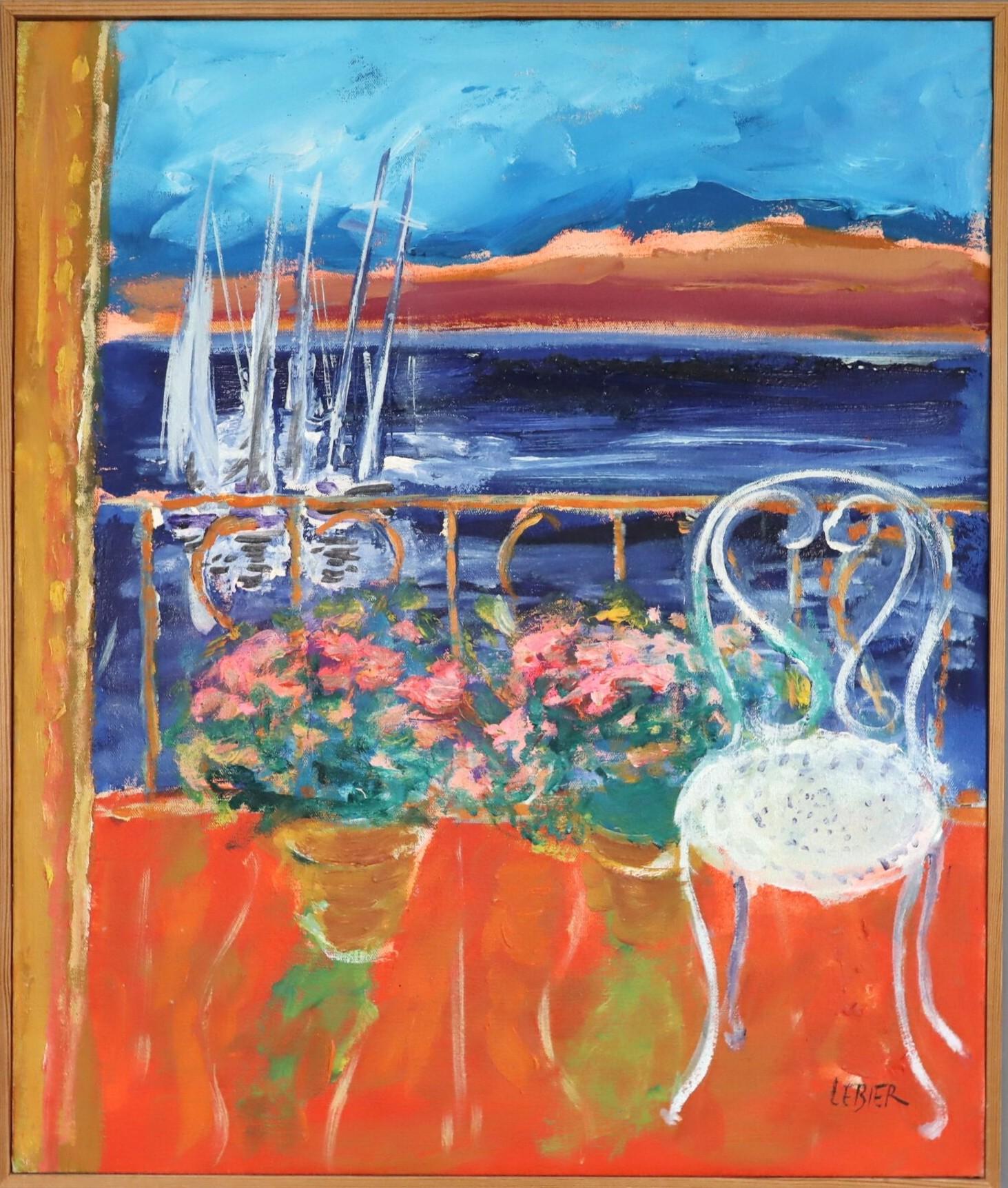 Mid Century Modern Swedish Coastal Still Life Oil Painting - Sunlit Balcony