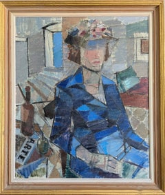 Mid-Century Modern Swedish Cubist Figurative Oil Painting - Woman in a Blue Coat