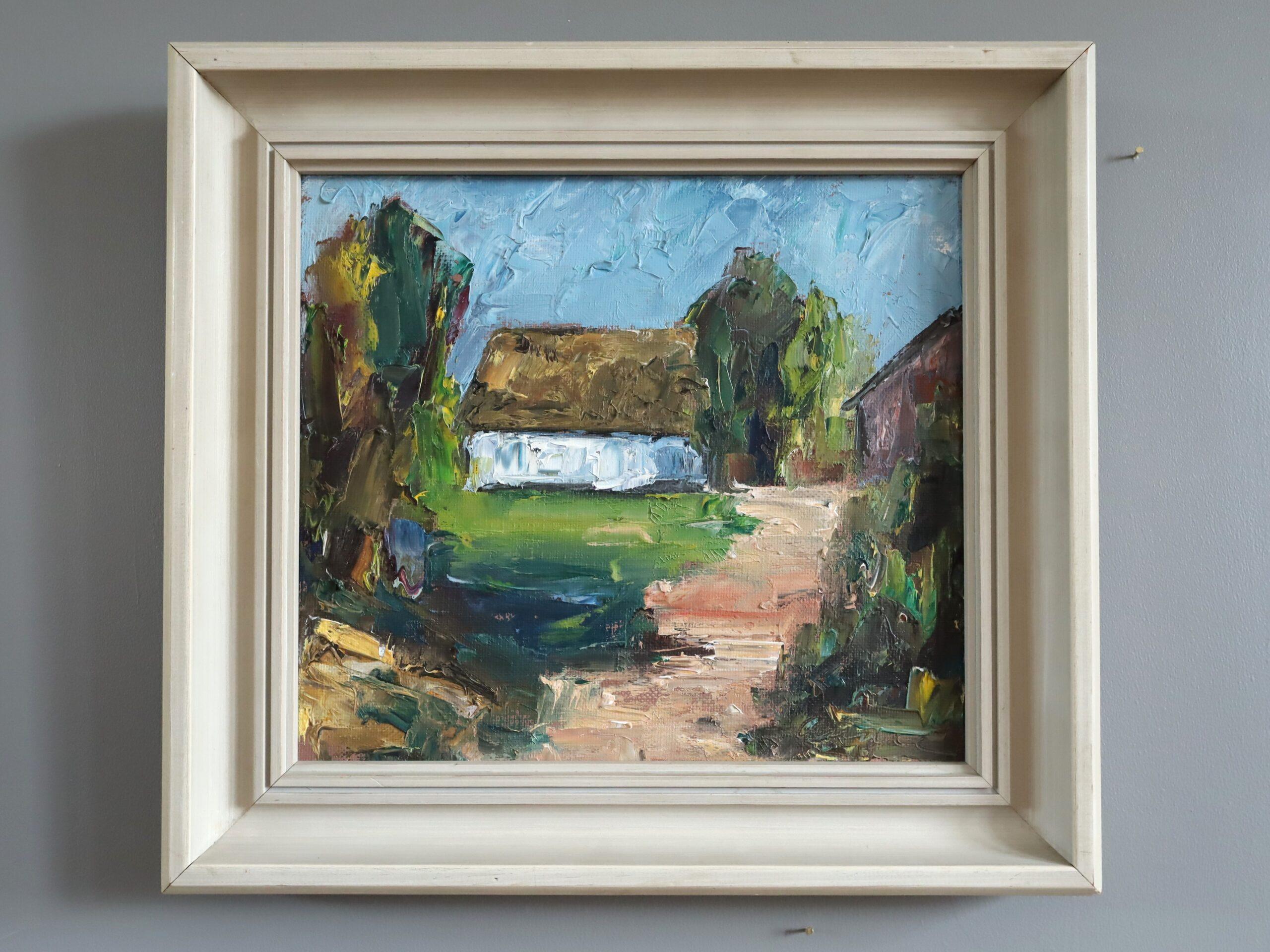 Pintura al óleo de paisaje expresionista sueco moderno de mediados de siglo -  La Cabaña Blanca - Painting de Unknown