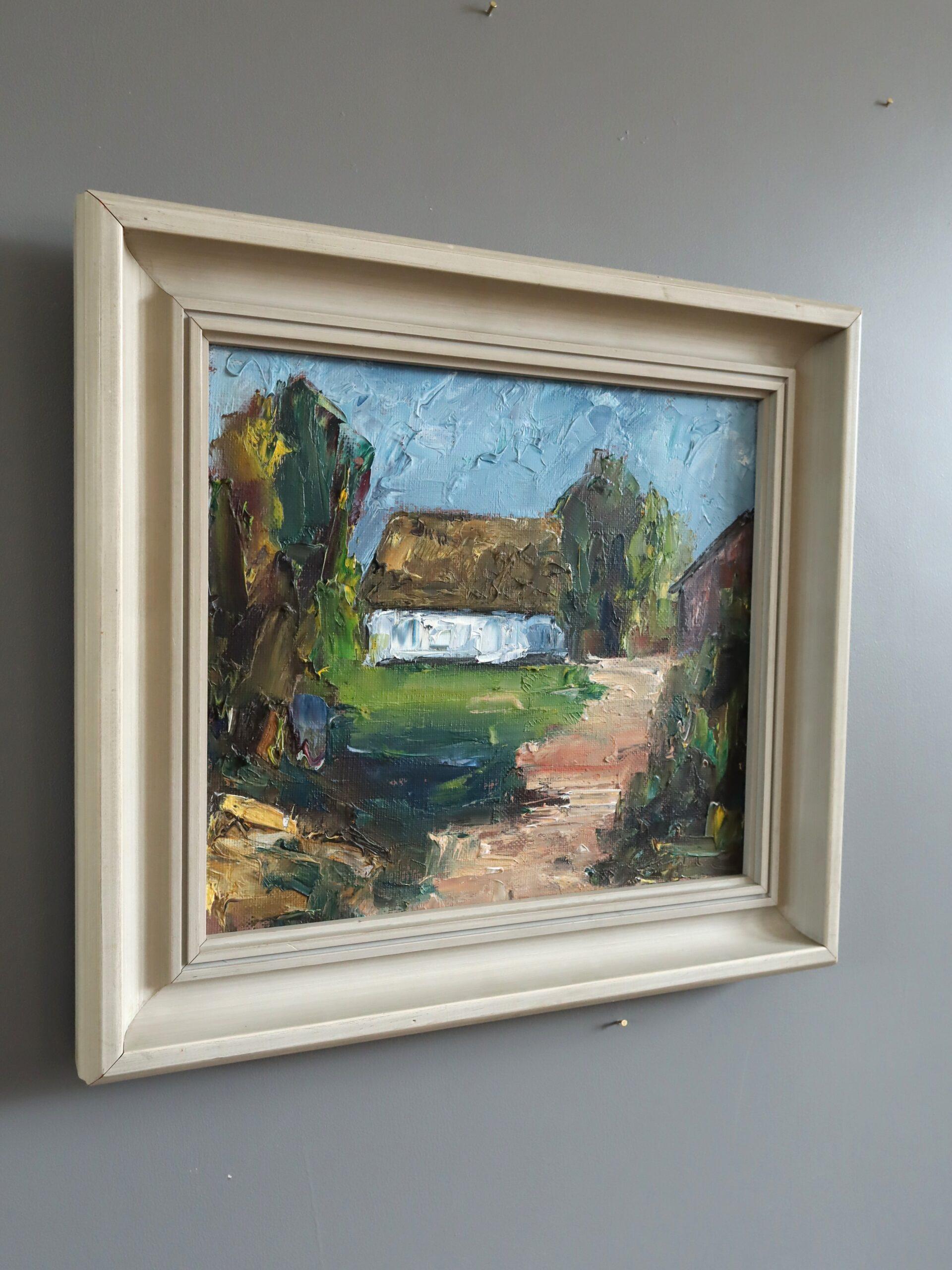Pintura al óleo de paisaje expresionista sueco moderno de mediados de siglo -  La Cabaña Blanca - Painting Moderno de Unknown