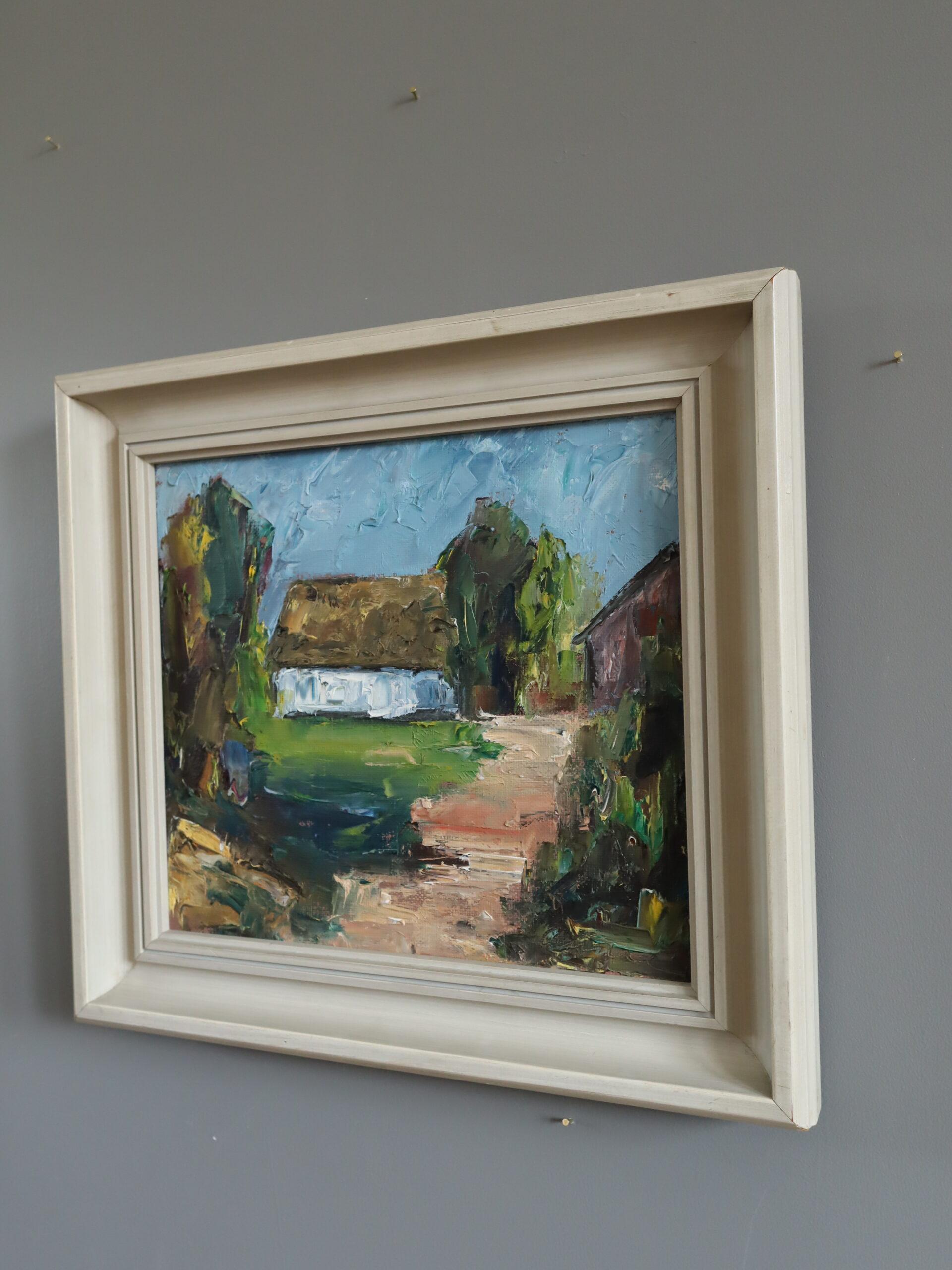 Pintura al óleo de paisaje expresionista sueco moderno de mediados de siglo -  La Cabaña Blanca - Landscape Painting Gris de Unknown