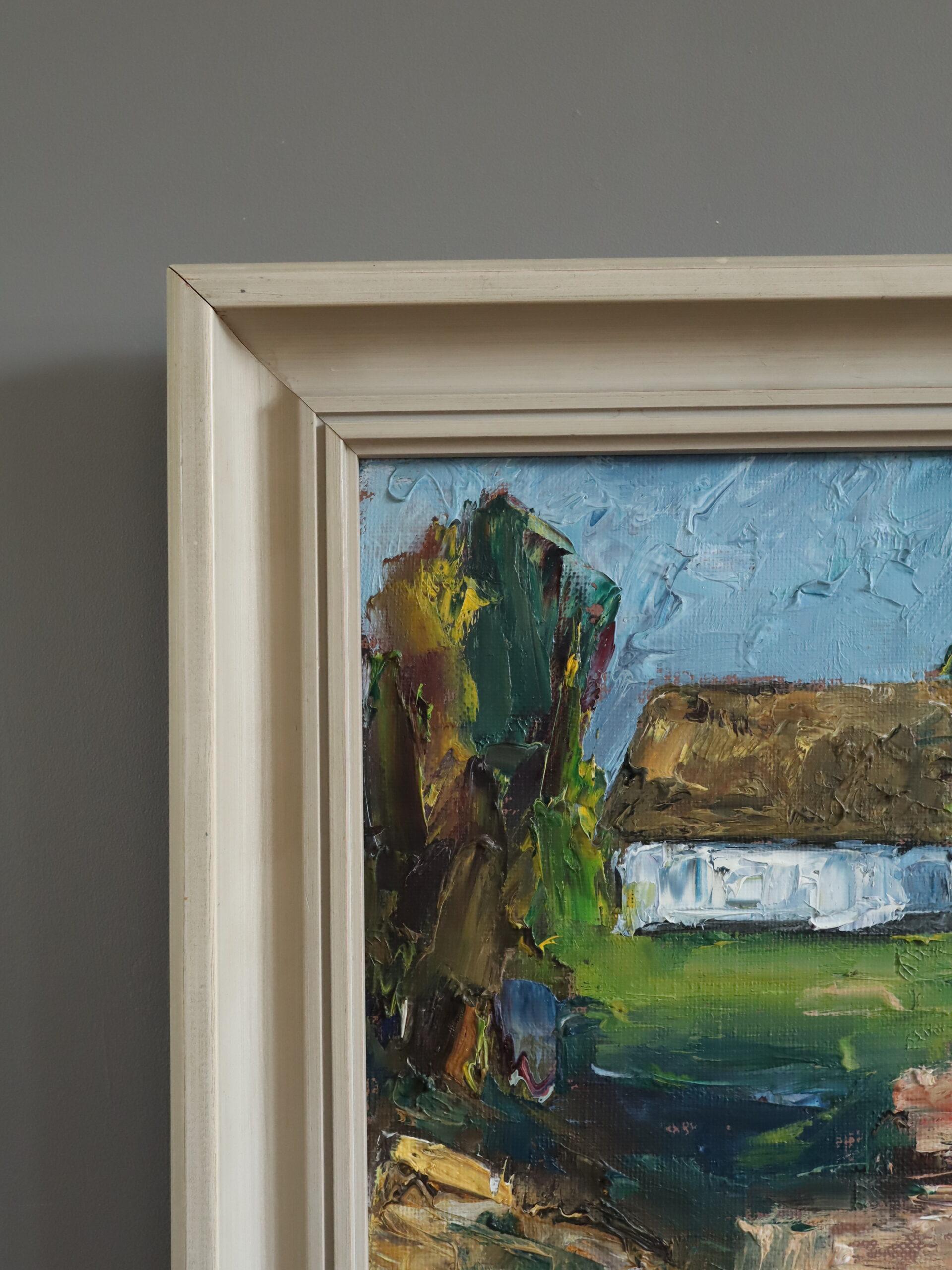 LA CASITA BLANCA
Tamaño: 33 x 36 cm (incluido el marco)
Óleo sobre lienzo

Una pequeña pero impactante composición paisajística modernista de mediados de siglo, pintada al óleo sobre lienzo.

Este cuadro es un encantador paisaje impresionista que