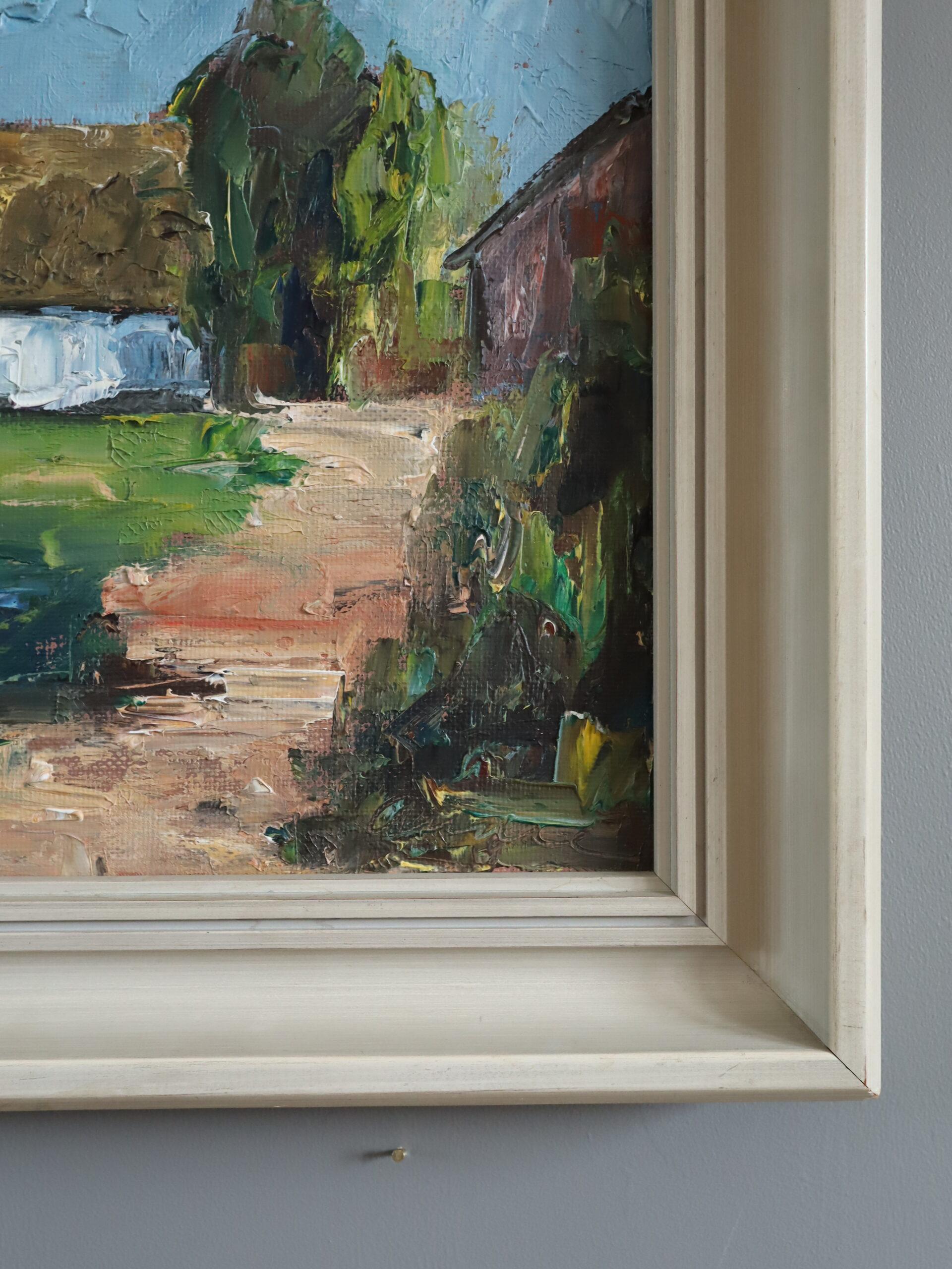 Pintura al óleo de paisaje expresionista sueco moderno de mediados de siglo -  La Cabaña Blanca en venta 1
