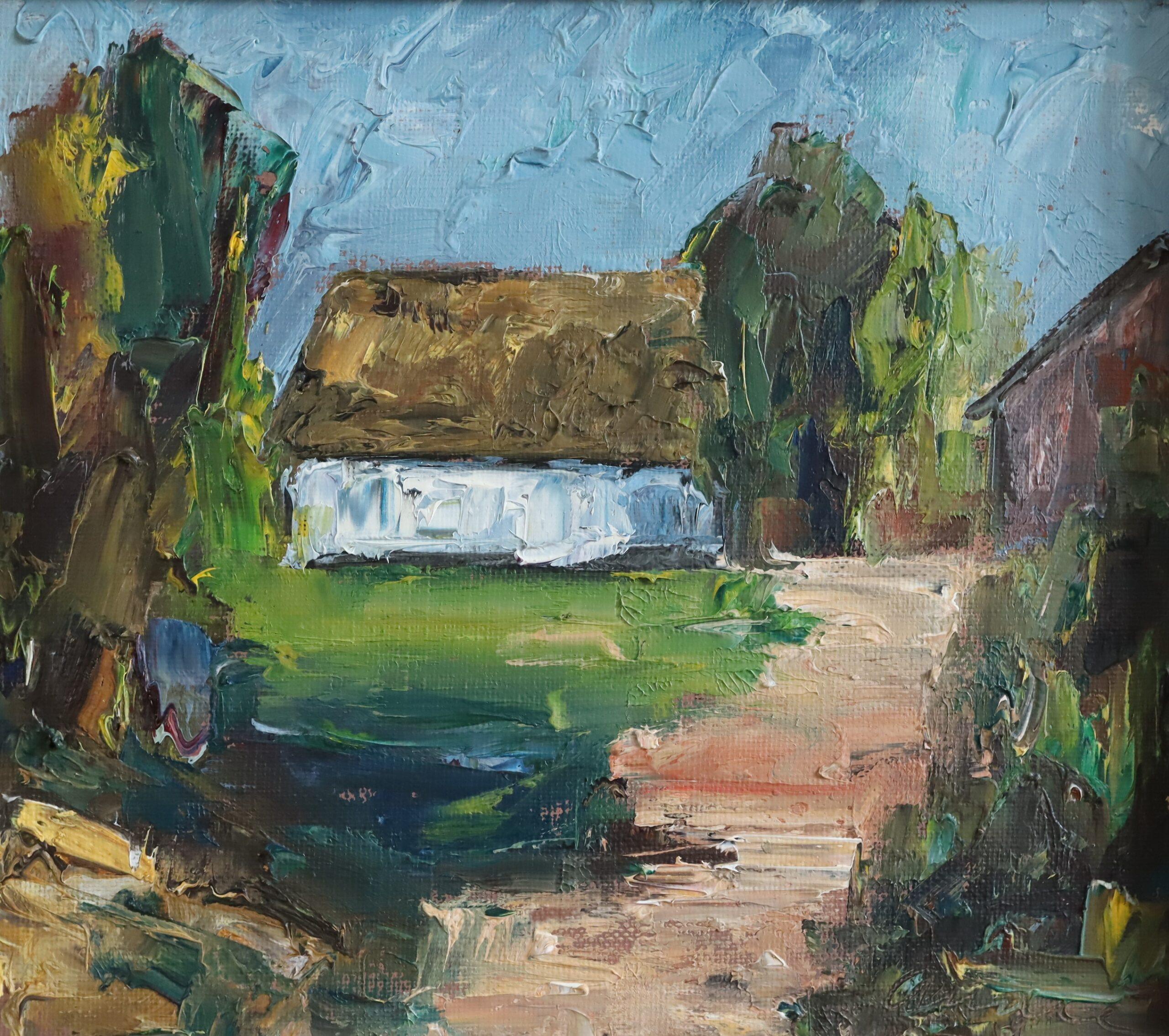 Pintura al óleo de paisaje expresionista sueco moderno de mediados de siglo -  La Cabaña Blanca en venta 2