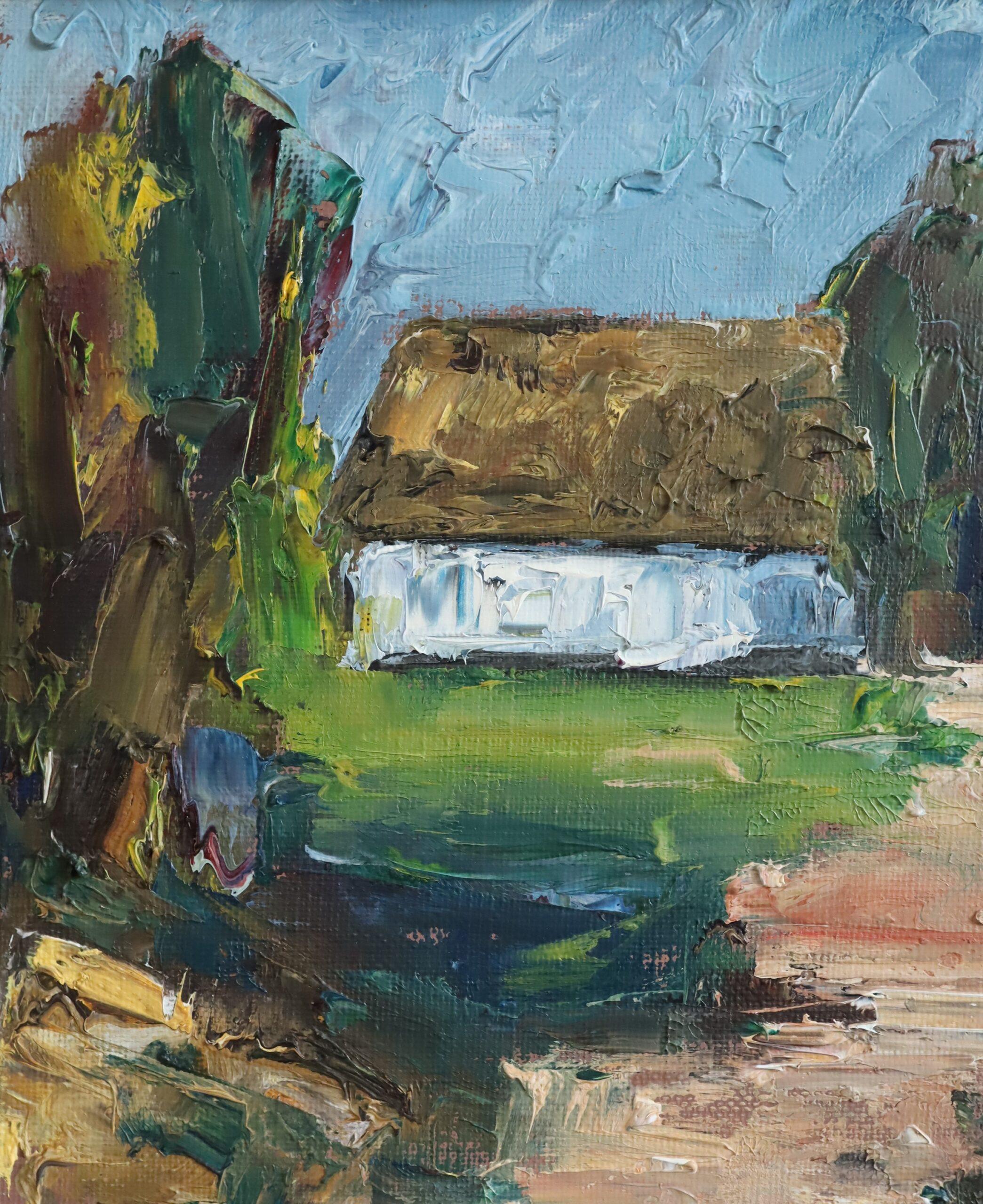 Pintura al óleo de paisaje expresionista sueco moderno de mediados de siglo -  La Cabaña Blanca en venta 3