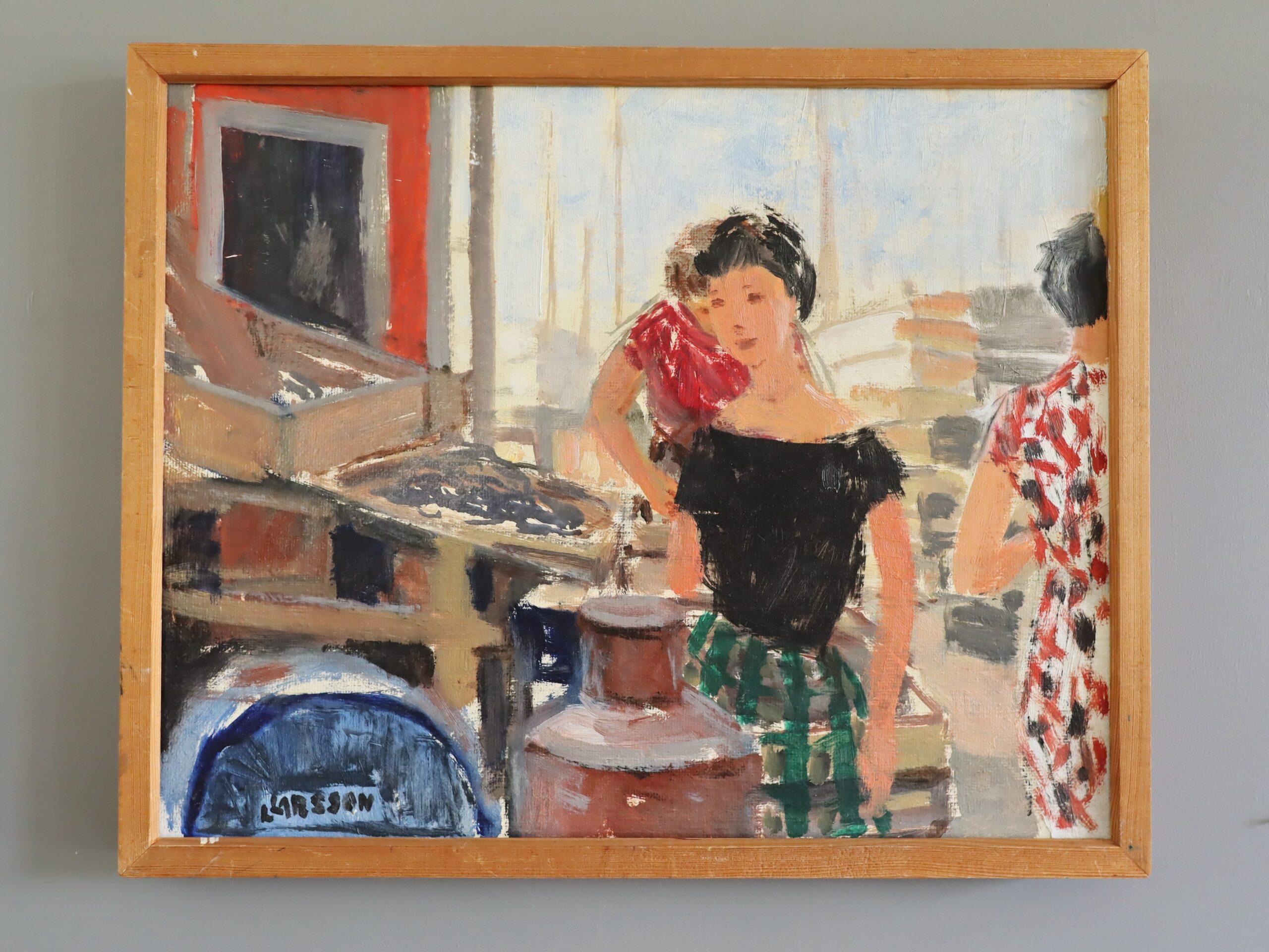 Schwedisches expressives figuratives Ölgemälde aus der Mitte des Jahrhunderts - Auf dem Markt – Painting von Unknown