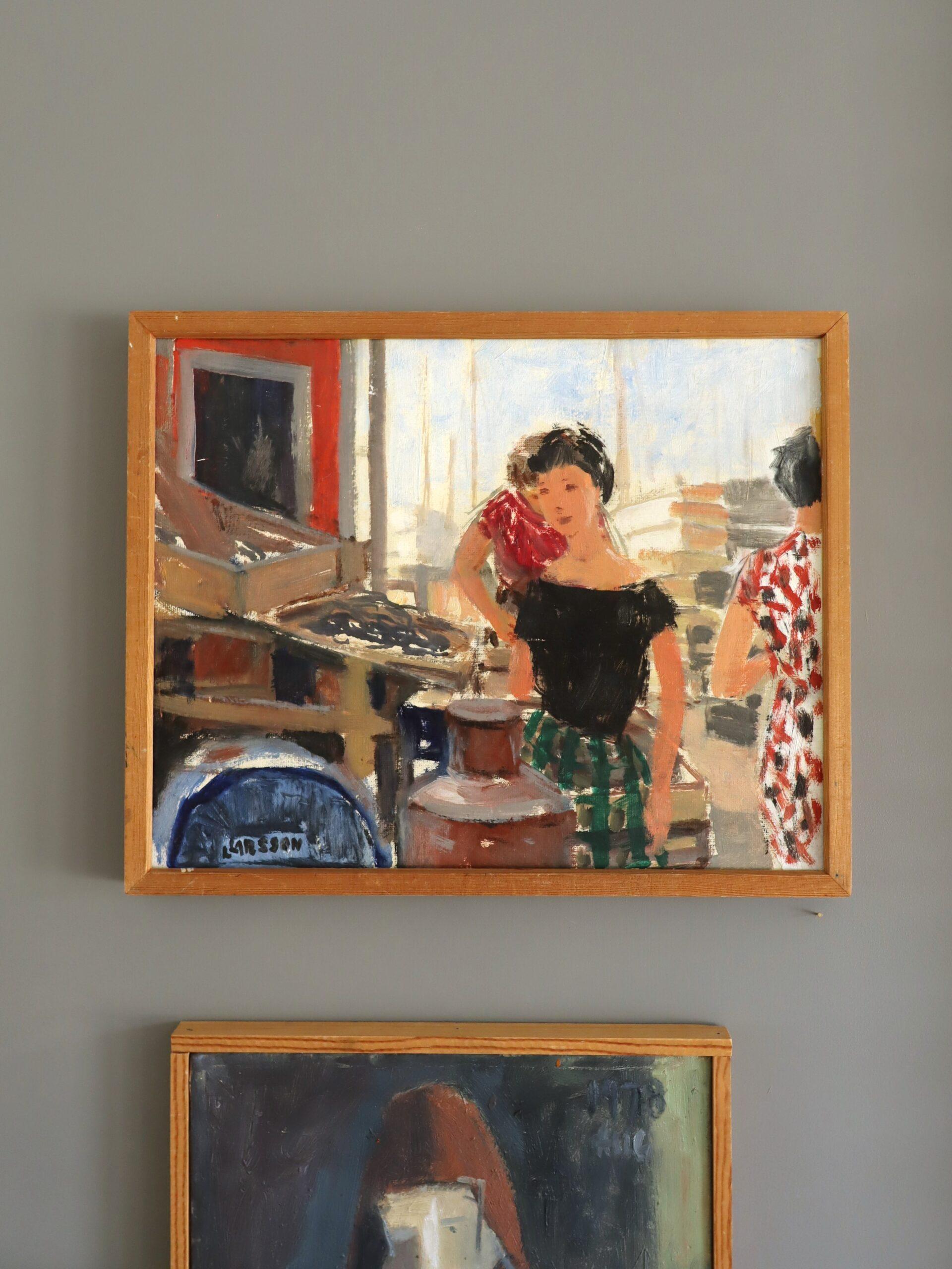 Schwedisches expressives figuratives Ölgemälde aus der Mitte des Jahrhunderts - Auf dem Markt (Moderne), Painting, von Unknown