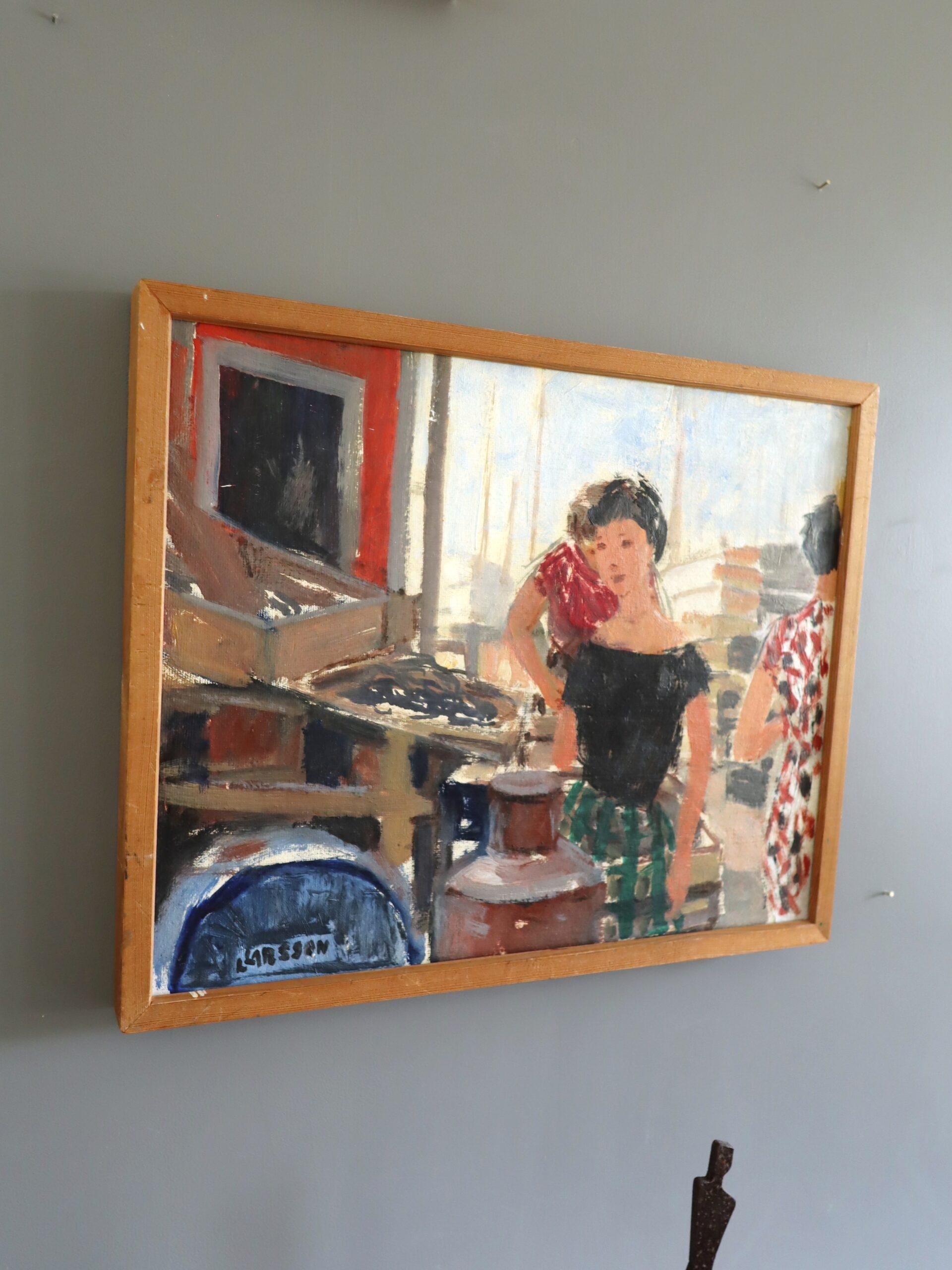 Schwedisches expressives figuratives Ölgemälde aus der Mitte des Jahrhunderts - Auf dem Markt (Braun), Figurative Painting, von Unknown