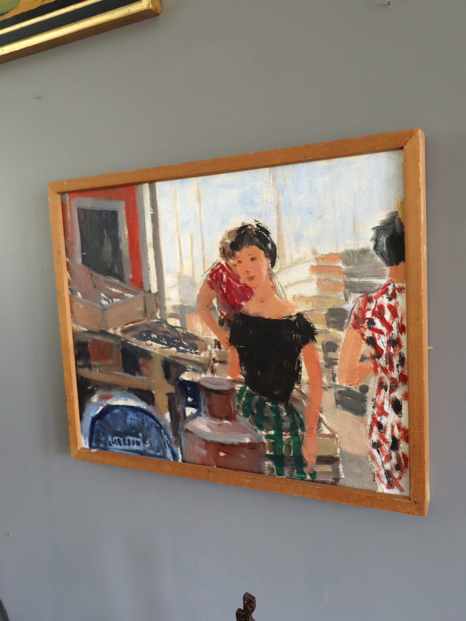 AUF DEM MARKT
Größe: 35 x 43 cm (einschließlich Rahmen)
Öl auf Karton

Eine warme und nostalgische figurative Komposition, die eine lebhafte Marktszene darstellt, gemalt in Öl auf Karton, gerahmt und hängefertig.

Die lockeren, ausdrucksstarken