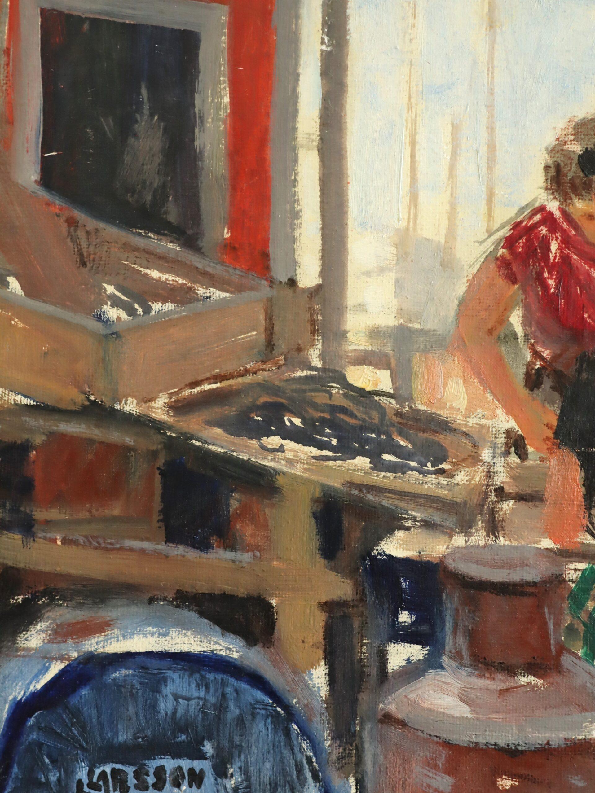 Schwedisches expressives figuratives Ölgemälde aus der Mitte des Jahrhunderts - Auf dem Markt im Angebot 3