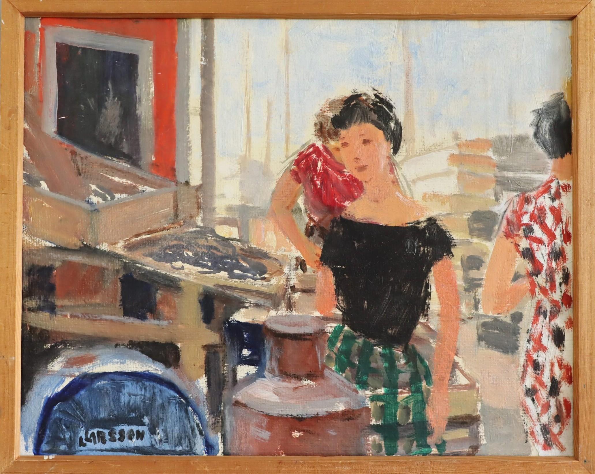 Unknown Figurative Painting – Schwedisches expressives figuratives Ölgemälde aus der Mitte des Jahrhunderts - Auf dem Markt