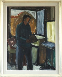 Pintura al óleo sueca de mediados del siglo XX - Un momento para leer