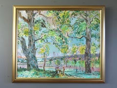 Mid Century Modern Schwedisch Ausdrucksvolle Landschaft Ölgemälde - Baldachin des Lichts
