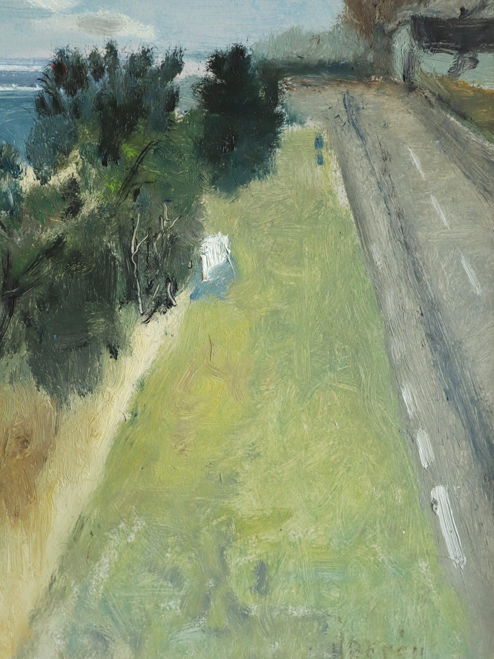 Mid Century Modern Swedish Expressive Landscape Oil Painting - Coastal Road For Sale 9