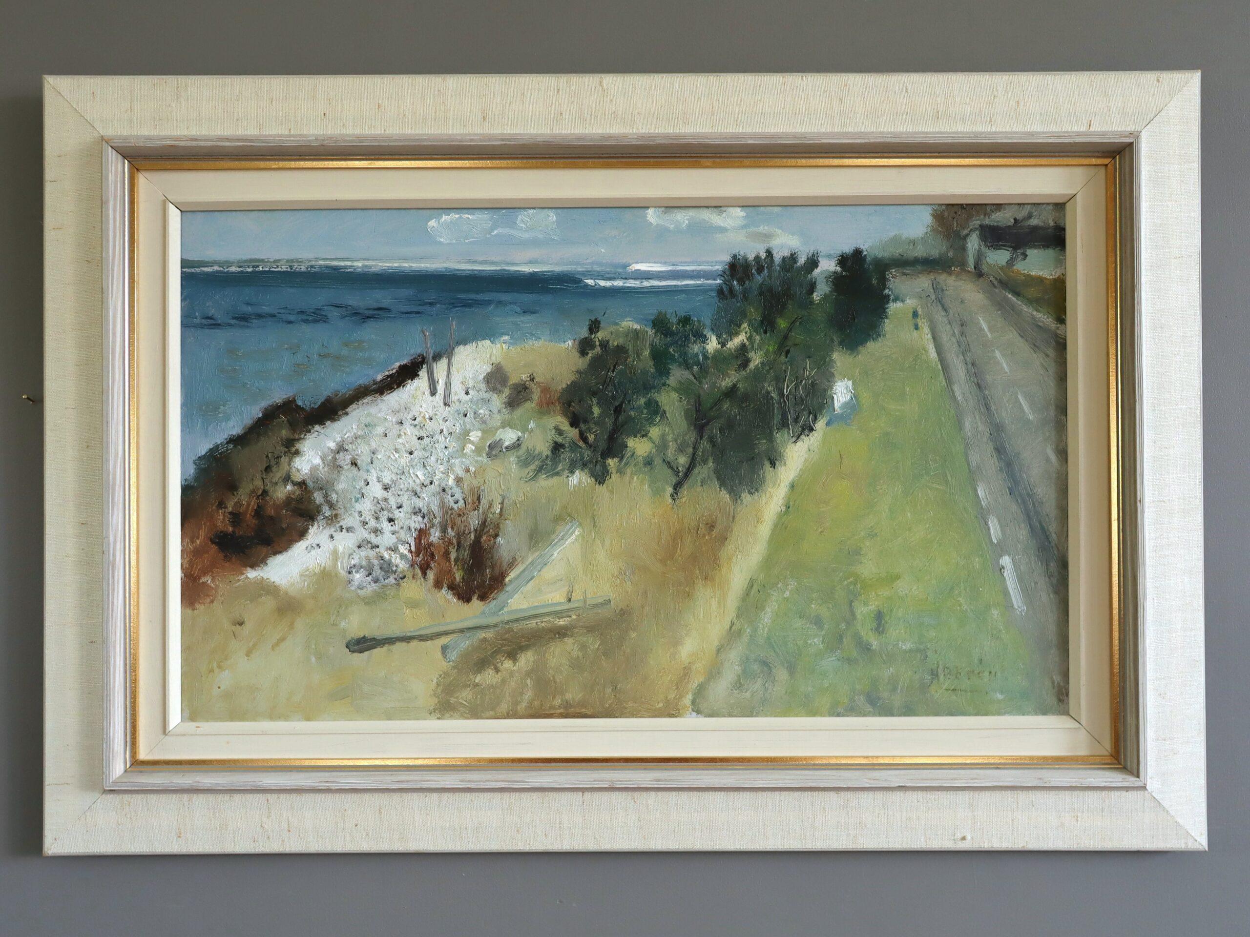 Mid Century Modern Swedish Expressive Landscape Oil Painting - Coastal Road - Gray Landscape Painting by Unknown
