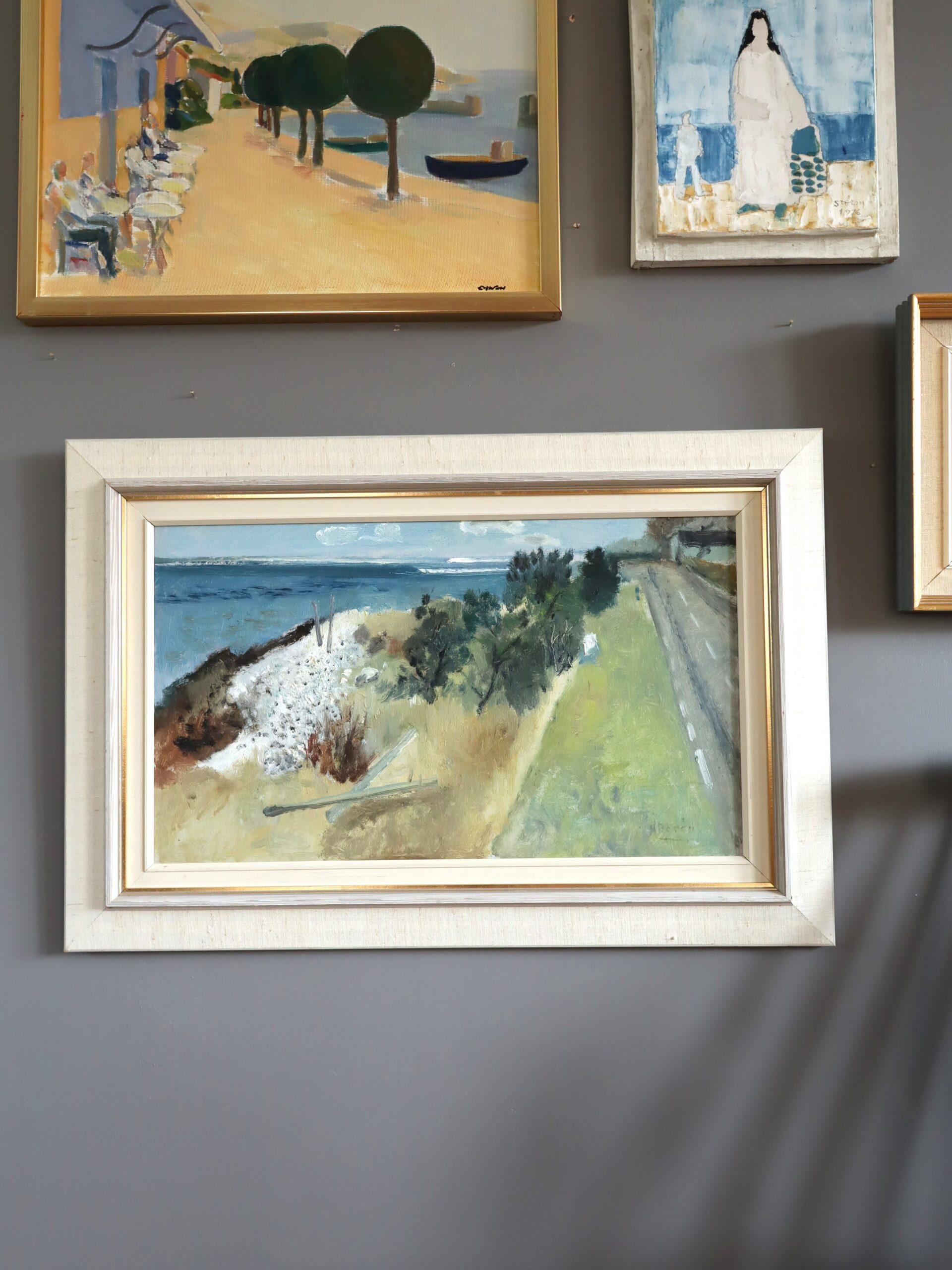 Mid Century Modern Swedish Expressive Landscape Oil Painting - Coastal Road For Sale 1