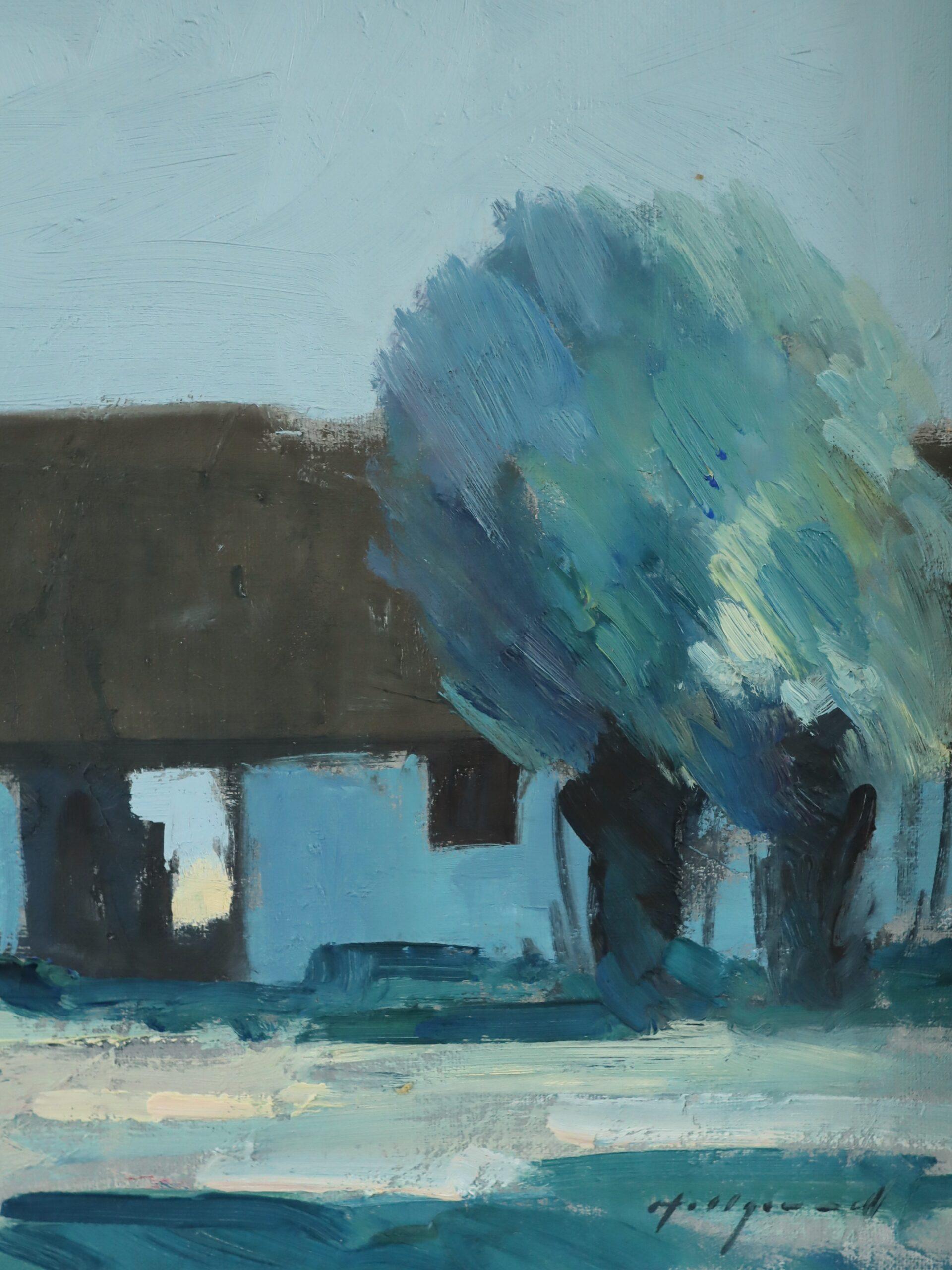 Peinture à l'huile de paysage suédois expressif du milieu du siècle dernier - Farmhouse Cottage en vente 6