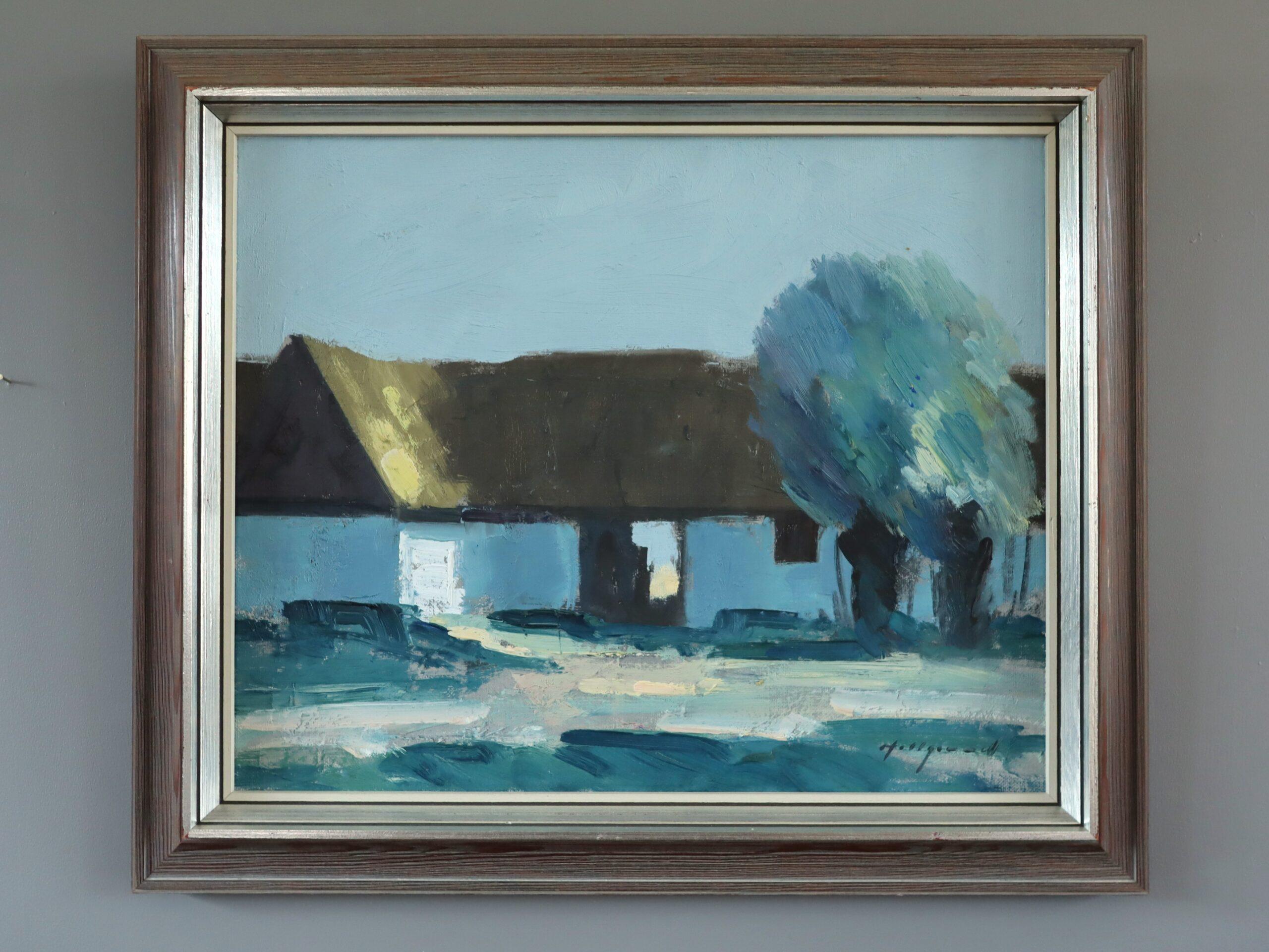 Peinture à l'huile de paysage suédois expressif du milieu du siècle dernier - Farmhouse Cottage - Painting de Unknown