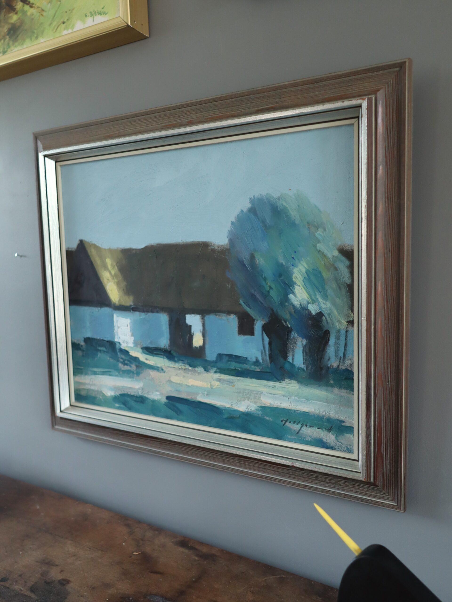 Peinture à l'huile de paysage suédois expressif du milieu du siècle dernier - Farmhouse Cottage en vente 1