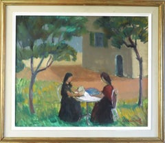 Mid Century Modern Swedish Expressive Landscape Oil Painting - Garden Gathering