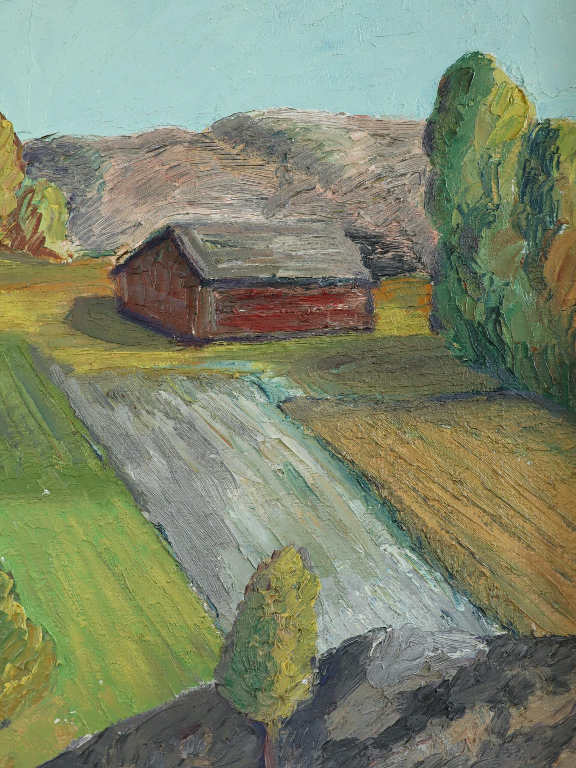 Pintura al óleo de paisaje expresivo sueco moderno de mediados de siglo -Campos de la Hora Dorada en venta 5
