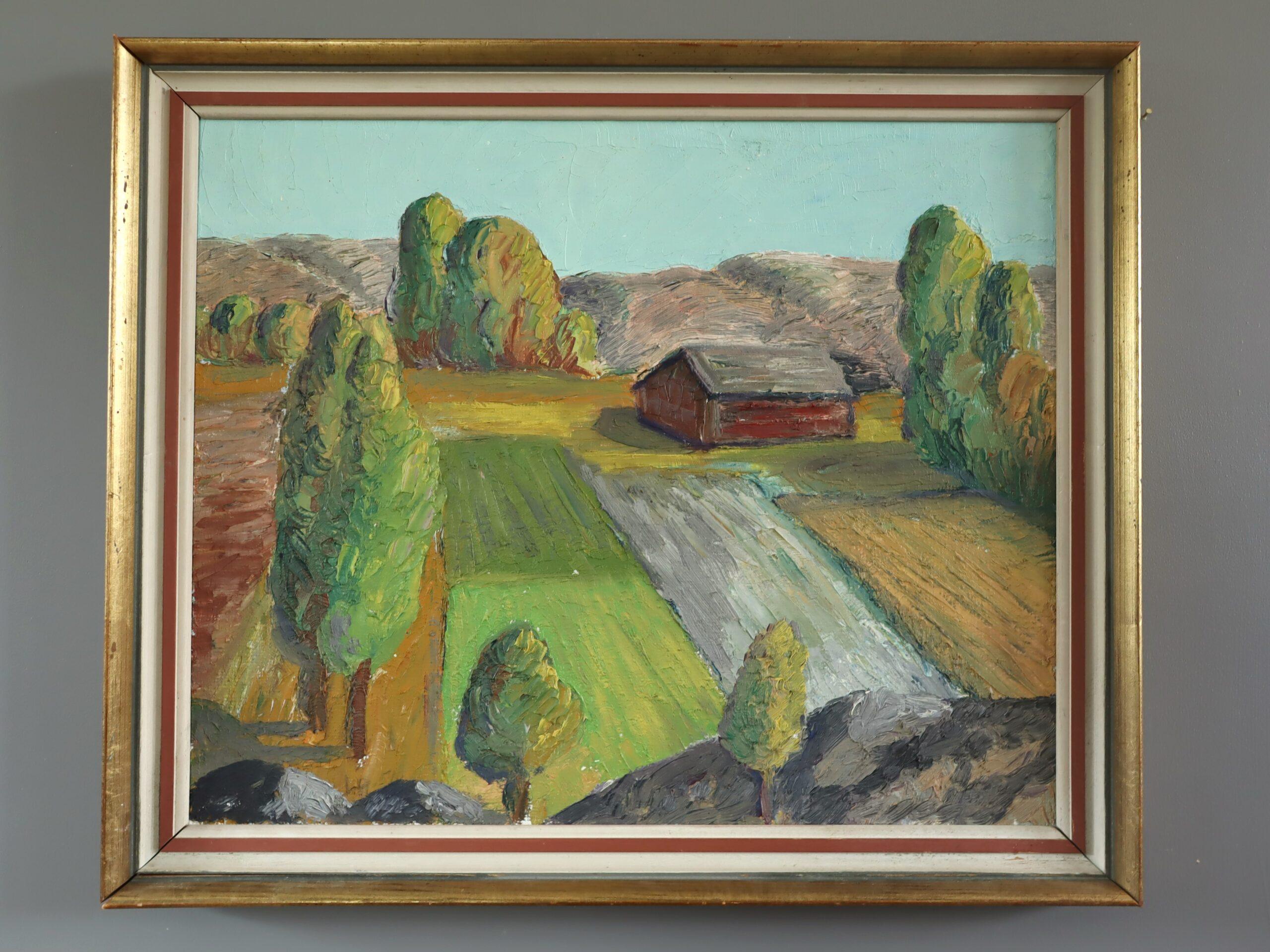 Pintura al óleo de paisaje expresivo sueco moderno de mediados de siglo -Campos de la Hora Dorada - Painting de Unknown