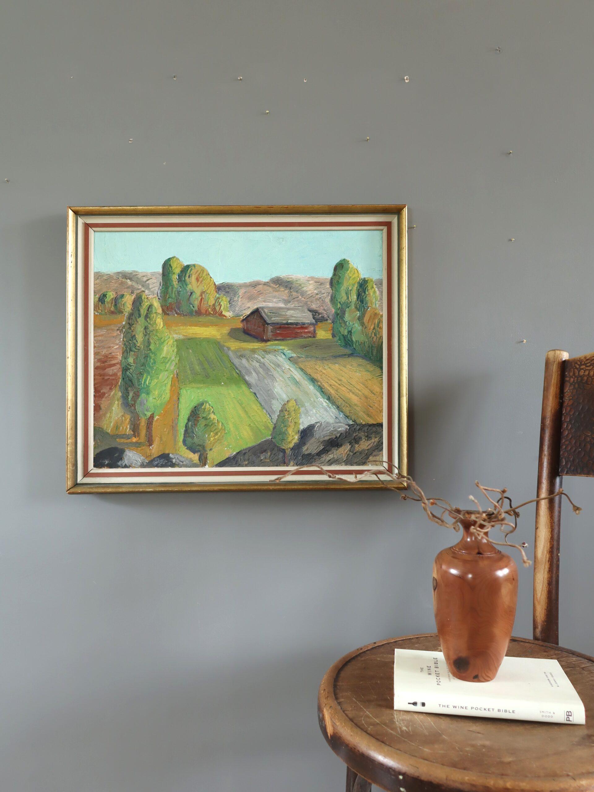 Pintura al óleo de paisaje expresivo sueco moderno de mediados de siglo -Campos de la Hora Dorada - Painting Moderno de Unknown