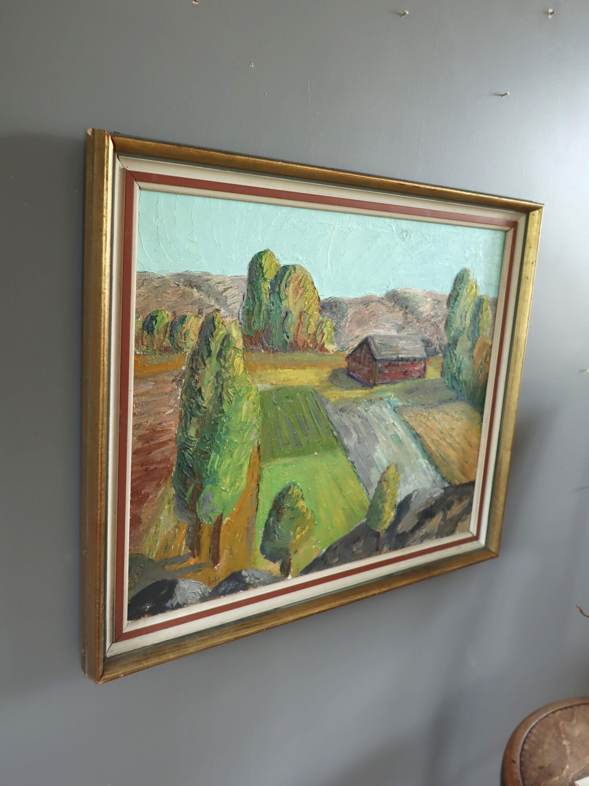 Pintura al óleo de paisaje expresivo sueco moderno de mediados de siglo -Campos de la Hora Dorada - Landscape Painting Marrón de Unknown