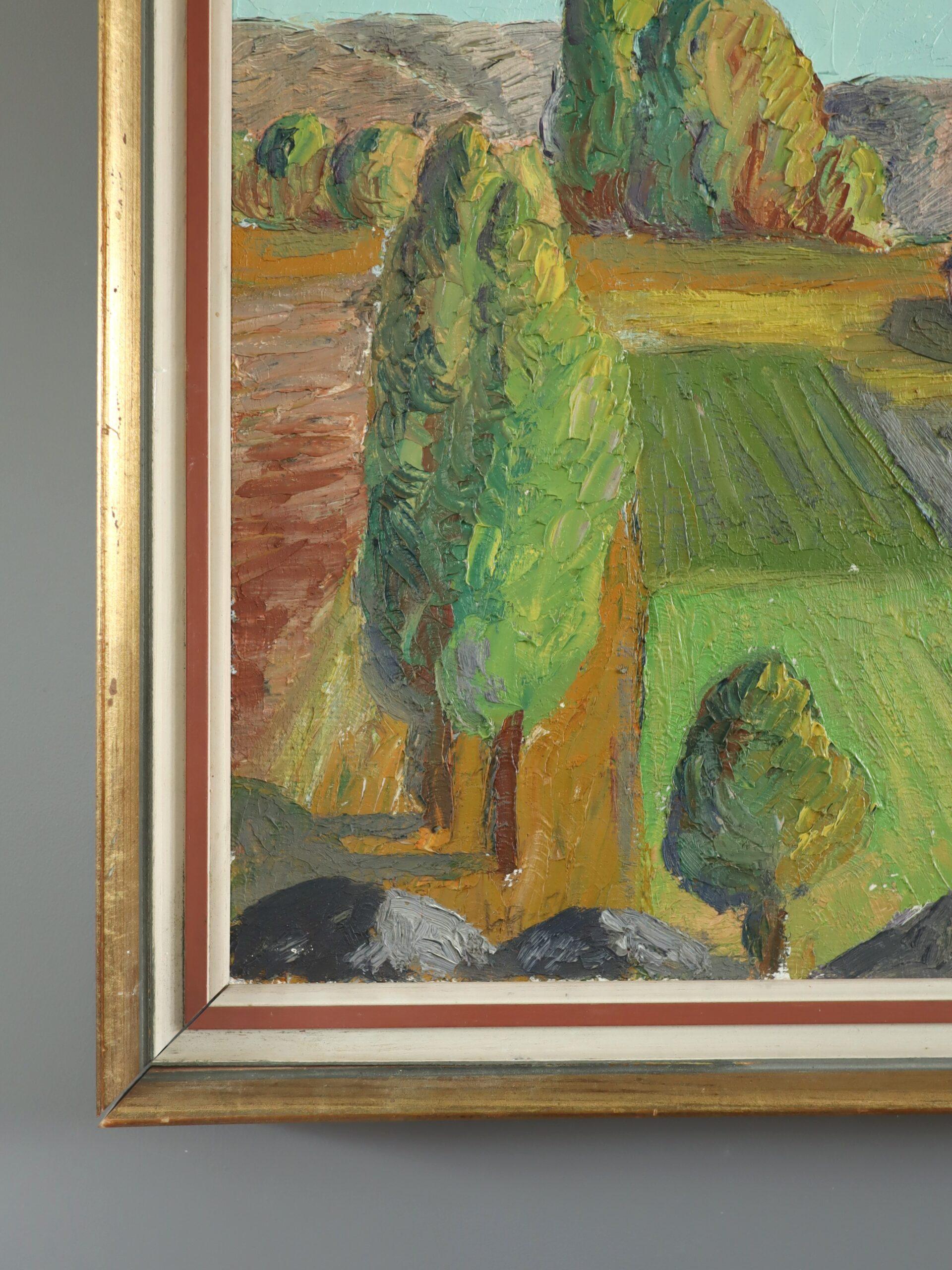 Pintura al óleo de paisaje expresivo sueco moderno de mediados de siglo -Campos de la Hora Dorada en venta 1