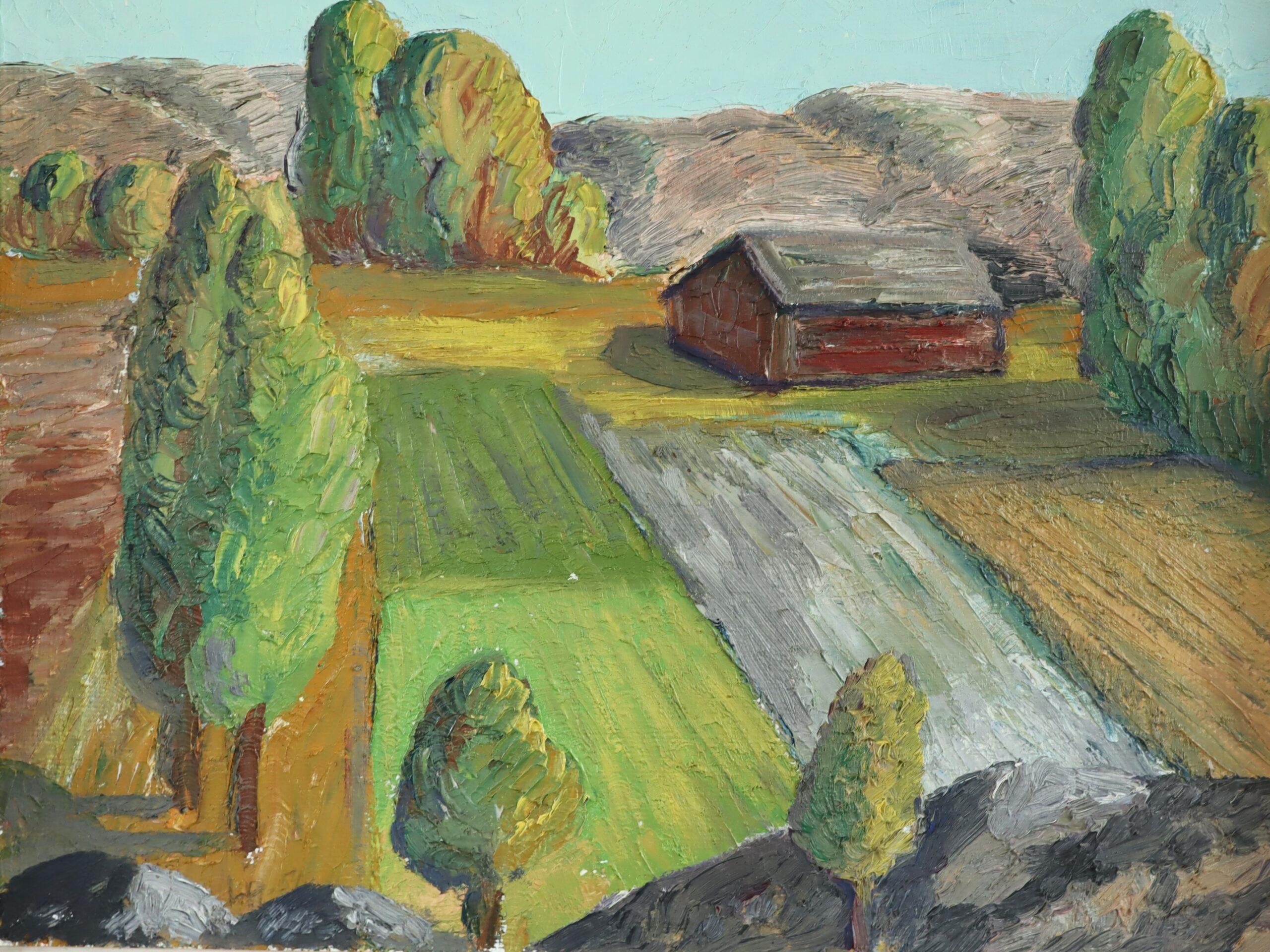 Pintura al óleo de paisaje expresivo sueco moderno de mediados de siglo -Campos de la Hora Dorada en venta 3