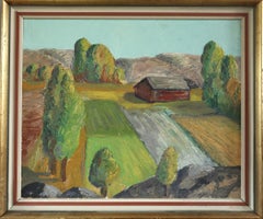 Pintura al óleo de paisaje expresivo sueco moderno de mediados de siglo -Campos de la Hora Dorada