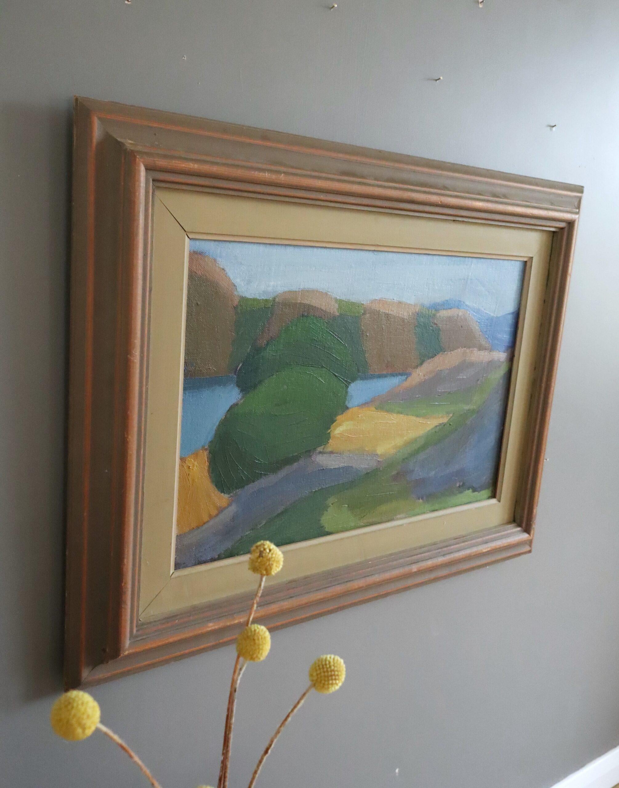 Mid Century Modern Schwedisch Ausdrucksvolle Landschaft Ölgemälde - Hillside Path (Braun), Landscape Painting, von Unknown