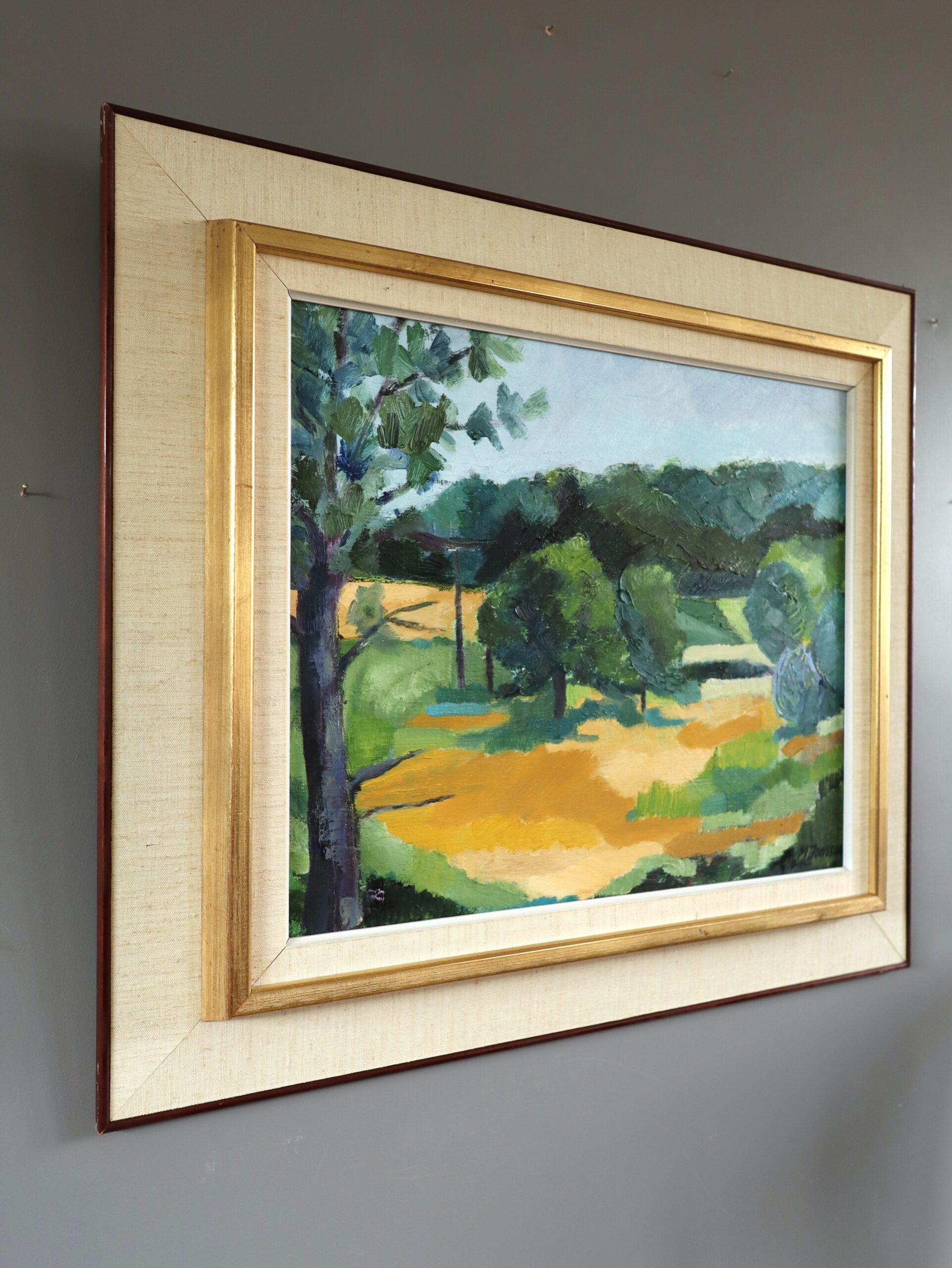 Pittura ad olio di un paesaggio espressivo svedese della metà del secolo scorso - Luce d'estate - Landscape Painting Beige di Unknown