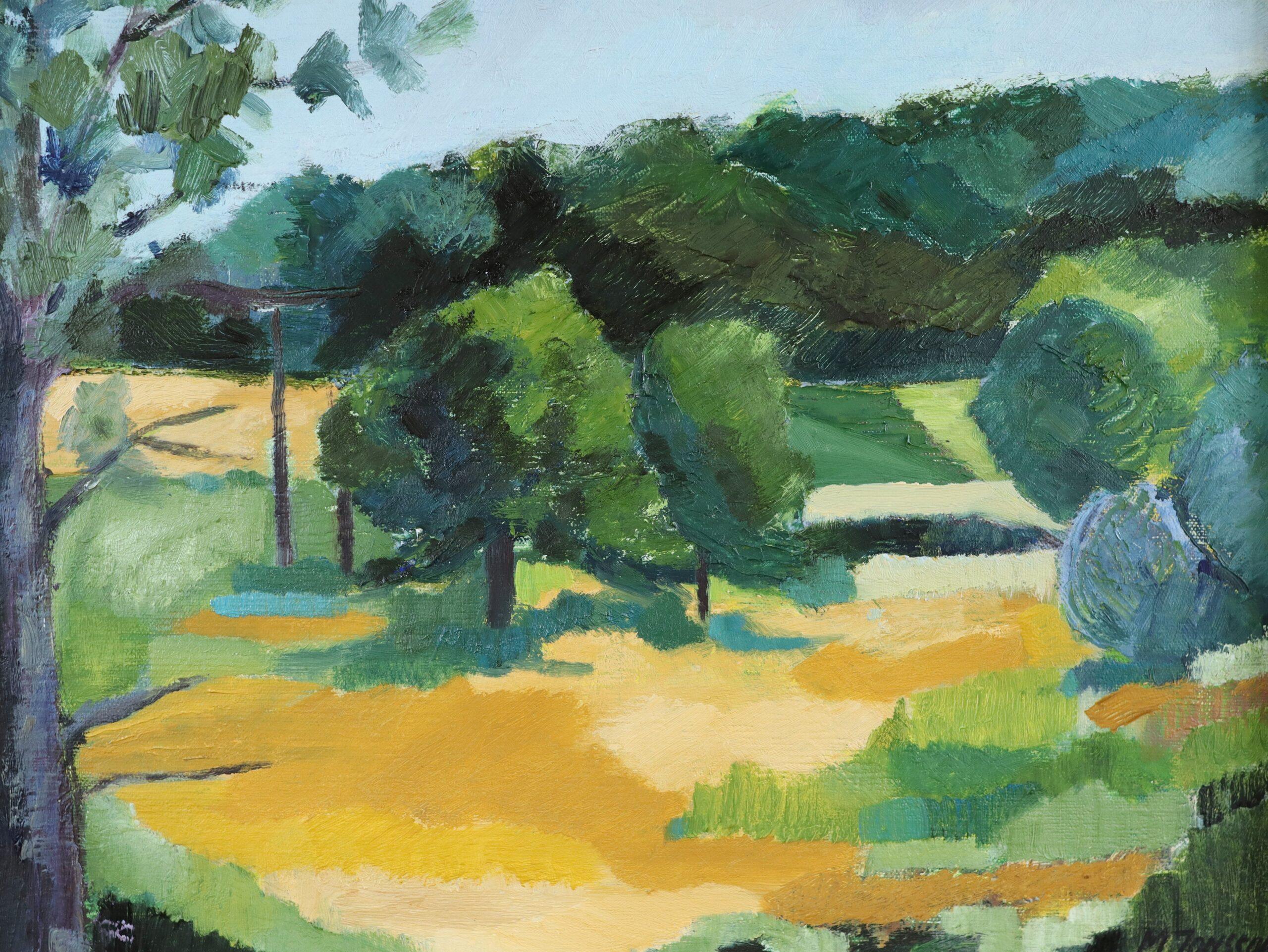 Pittura ad olio di un paesaggio espressivo svedese della metà del secolo scorso - Luce d'estate 1