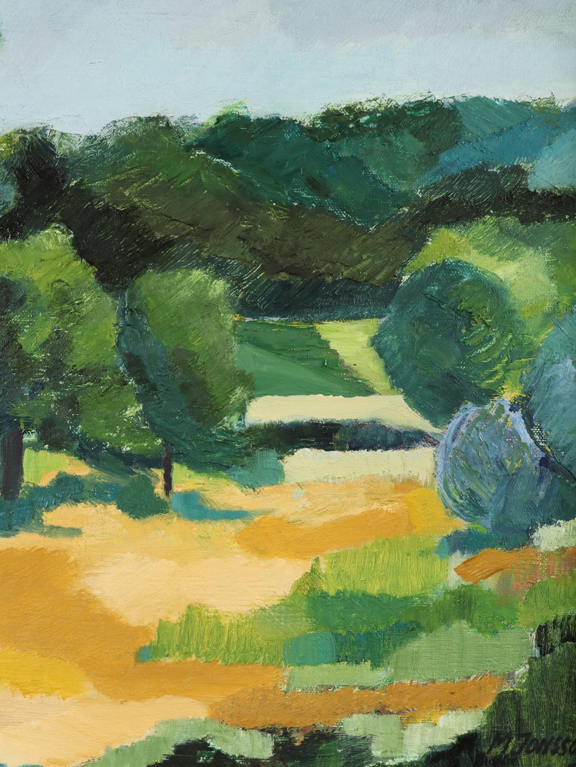Pittura ad olio di un paesaggio espressivo svedese della metà del secolo scorso - Luce d'estate 3